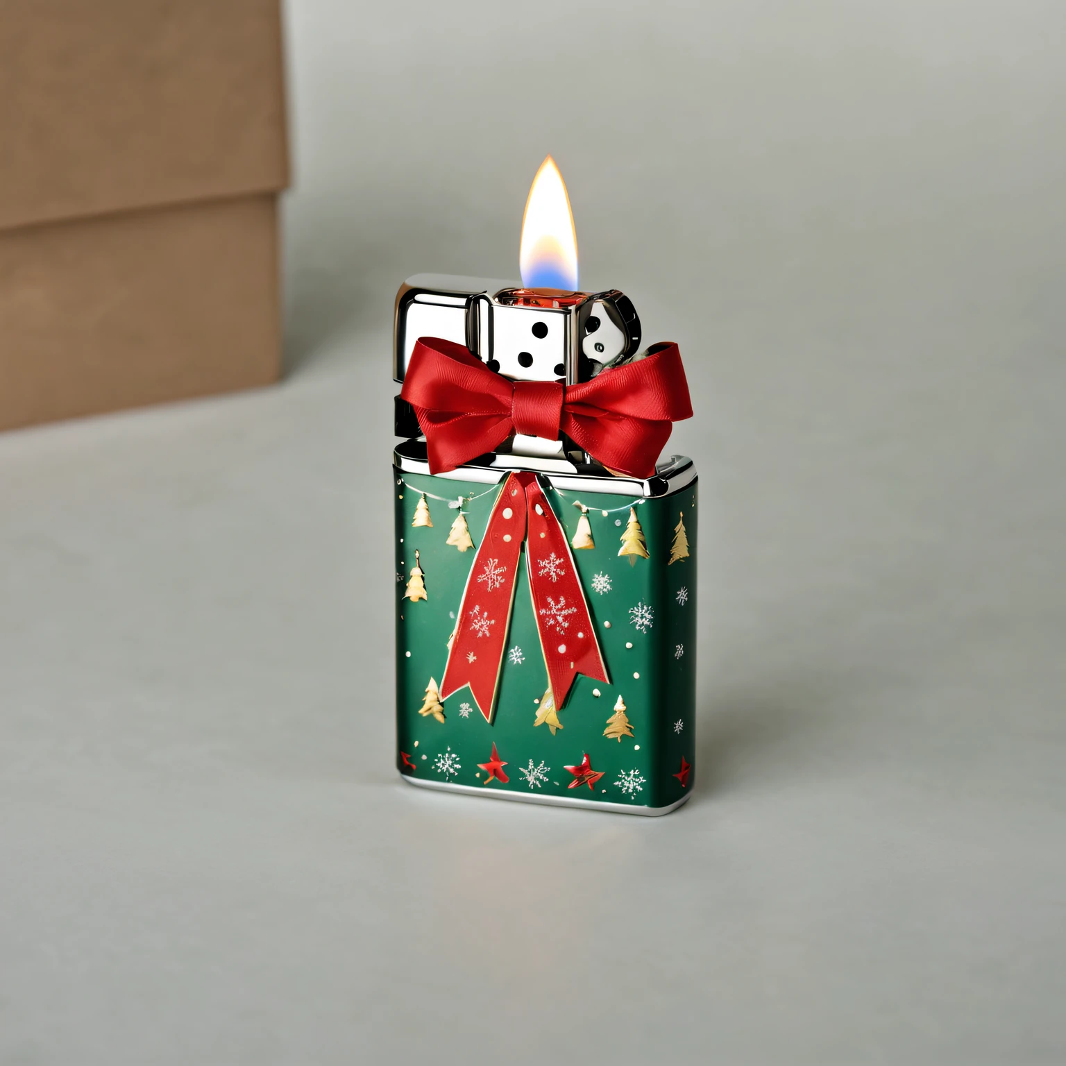 Christmas themed design lighter in gift box，Decorated with red bow,