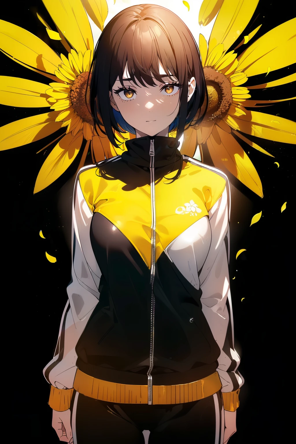 ((((Obra maestra, La mejor calidad, ultrahigh resolution)))), beautiful girl, standing, (((wearing a black tracksuit))), (short hair in view, in frame), pale skin, ((brown eyes)), (glowing_eyes, luminescent eyes), (ultra detailed eyes:0.7, beautiful and detailed face, detailed eyes:0.9), ((centered)), smile, ((wide shot)), facing viewer, (((vibrant background of outdoors, field of flowers, bright lighting, summer, sunlight))), flat chested, looking at viewer, ((perfect hands)), ((head:1, hips, elbows, arms, in view)), ((hands behind back)), beautiful lighting, defined subject, (18 years old), ((cool looking)), ((sun glare))