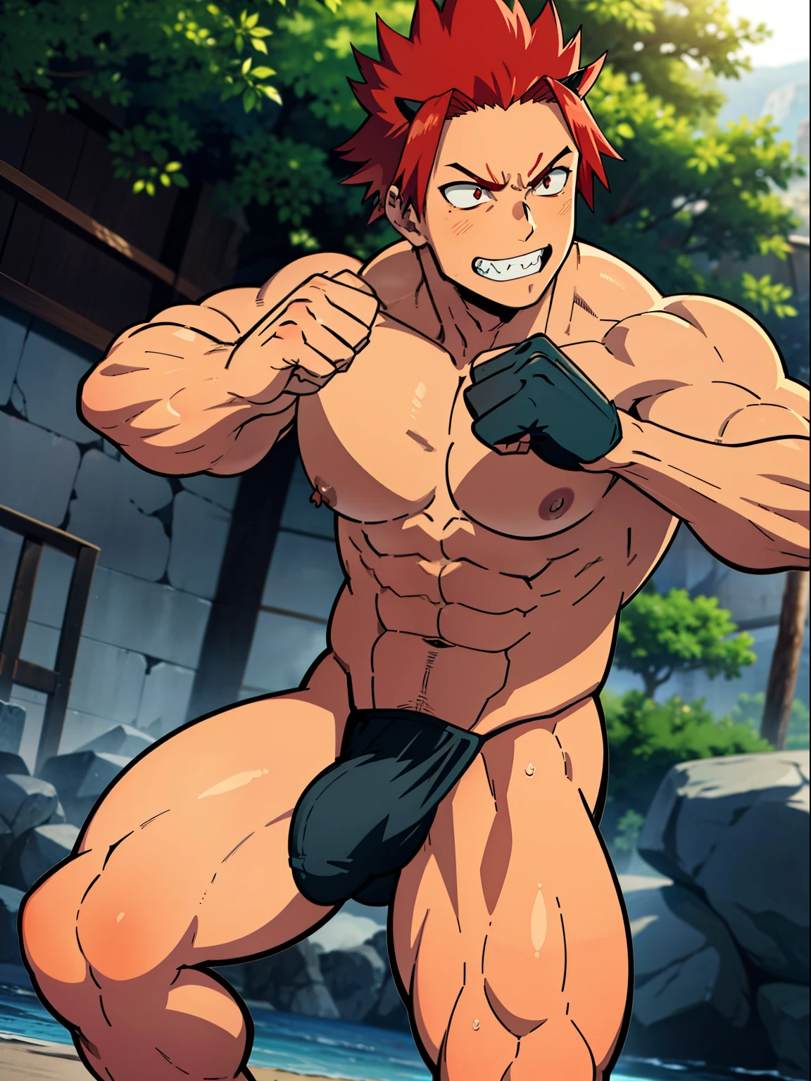 1boy, solo, male focus, looking at viewer, a young handsome muscular boy, male model, kirishima eijiro, red eyes, red hair, large detailed eyes, detailed face, smooth hair, detailed skin, tiny thong, shirtless, pantless, bulge, huge bulge, huge nipples, dark nipples, protruding nipples, huge muscle, blushing, intimidating, glowering, confident, focus, furrowed eyebrows, grinning, white sharp teeth, smug, sweating, training, practicing martial arts, punching, raw power, raw strength, outdoors, various poses, aesthetics, perfect hands, ansatsu kyoushitsu artstyle, sexy and cute
