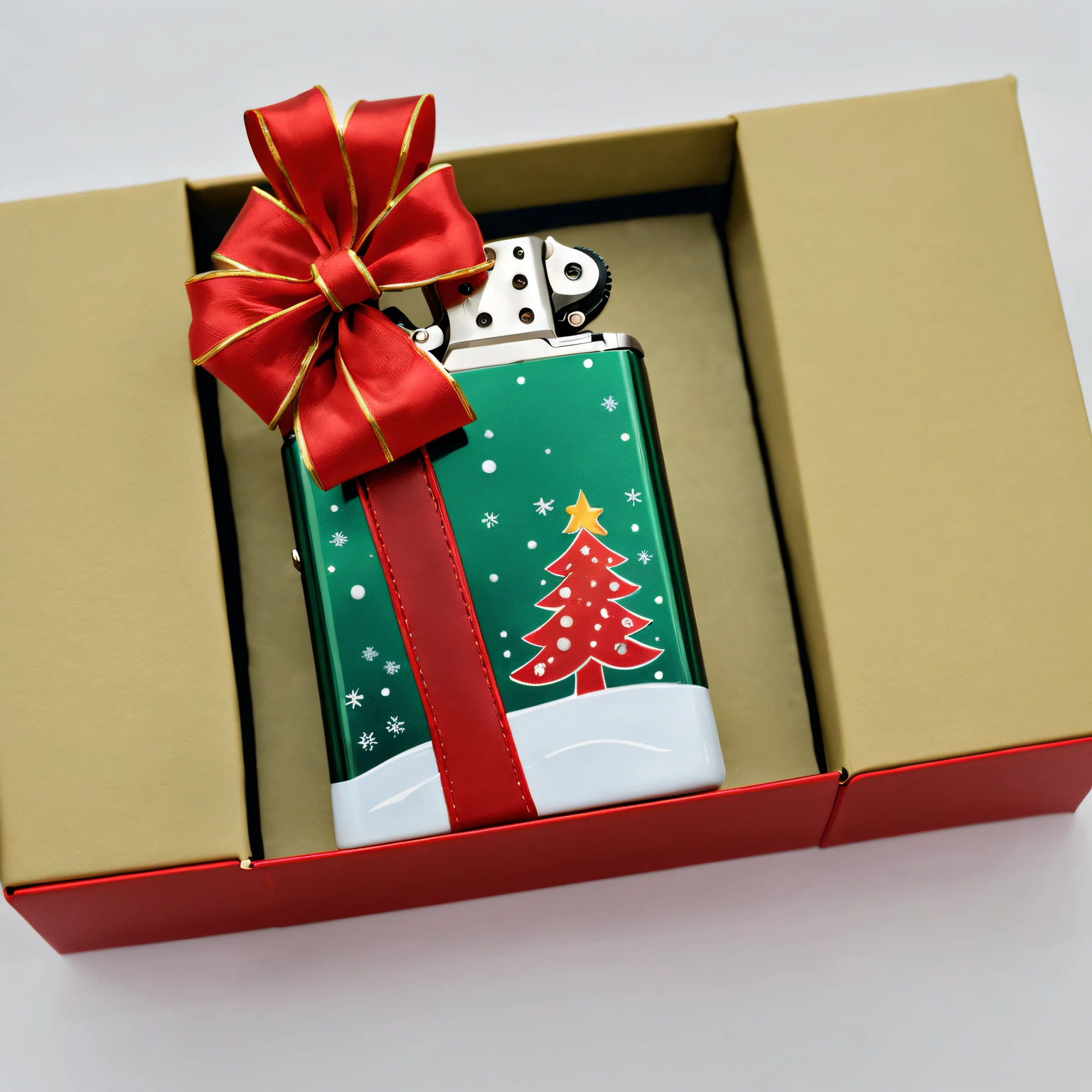 Christmas themed design lighter in gift box，Decorated with red bow,