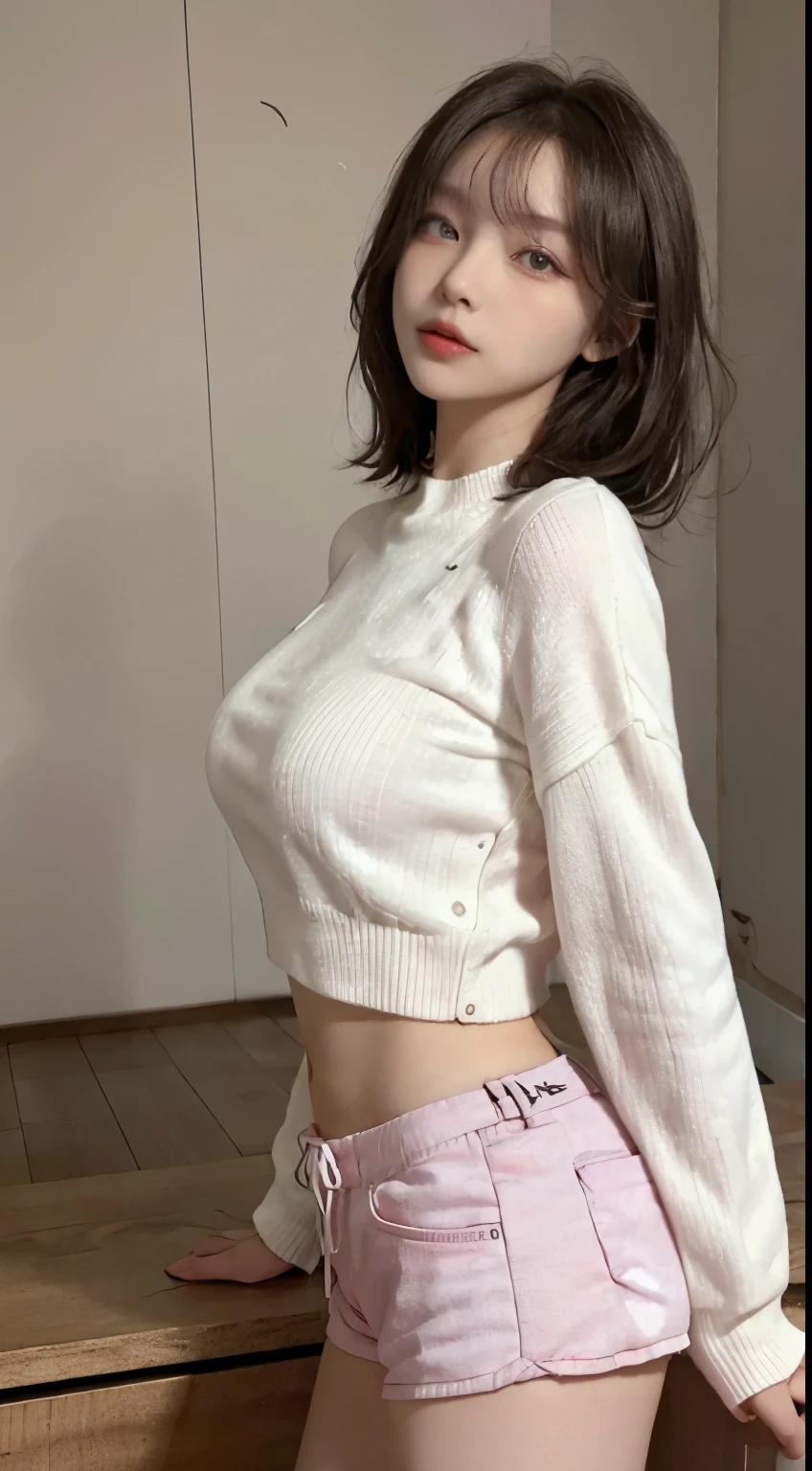 Top image quality、Raw photography、超A high resolution、21-year-old Korean、韓国アイドル、small tits、Dynamic angles、Cowboy Shots、The most beautiful forms chaos、elegent、Brutalist design、Beautiful white hair、a short bob、smil、shiny white skin、Beautiful eyes with random colors、Very beautiful eyes down to the details、elongated eyes、thin lipss、pale pink blush、long eyeslashes、beautiful double eyelid、eyeshadows、Large sweater、hotpants、Large park、shot from a side angle、sexy  pose