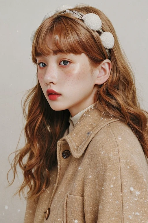 women are beige,a 20 yo woman、hitornfreckles、Pattsun bangs、3 color mix hair color、Retro、Fashion Editorial、It's snowing