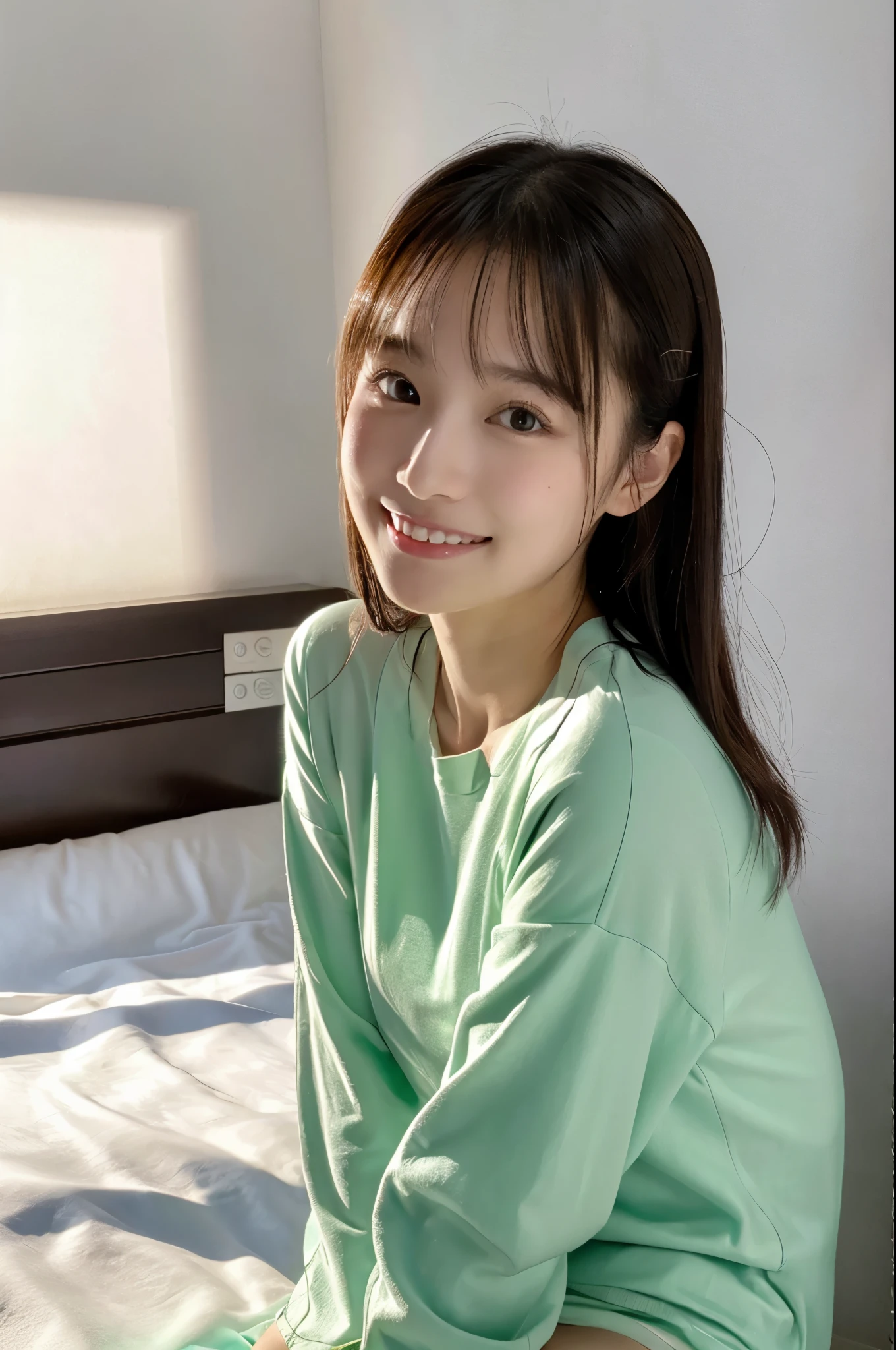 ulzzang -6500-v1.1, (Raw photo:1.2), (Photorealsitic), a beautiful detailed girl, (Real: 1.4), ighly detailedな目と顔, beatiful detailed eyes, ((Wearing ultra-thin cotton pajamas))、Wear small panties、Sitting in the room、sloppy posture、huge filesize, hight resolution, ighly detailed, top-quality, [​masterpiece:1.6], illustratio, ighly detailed, nffsw, finely detail, top-quality, 8k wallpaper, Cinematographic lighting, selfee、Instagram、1girl in, , perfect body type, cute droopy eyes beautiful big eyes、Pieckfinger, ((masutepiece)), Best Quality, 1girl in, eye shadow, Upper body, Portrait, ((FULL BODYSHOT:1.2))、(Very affectionate smile:1.2)、
