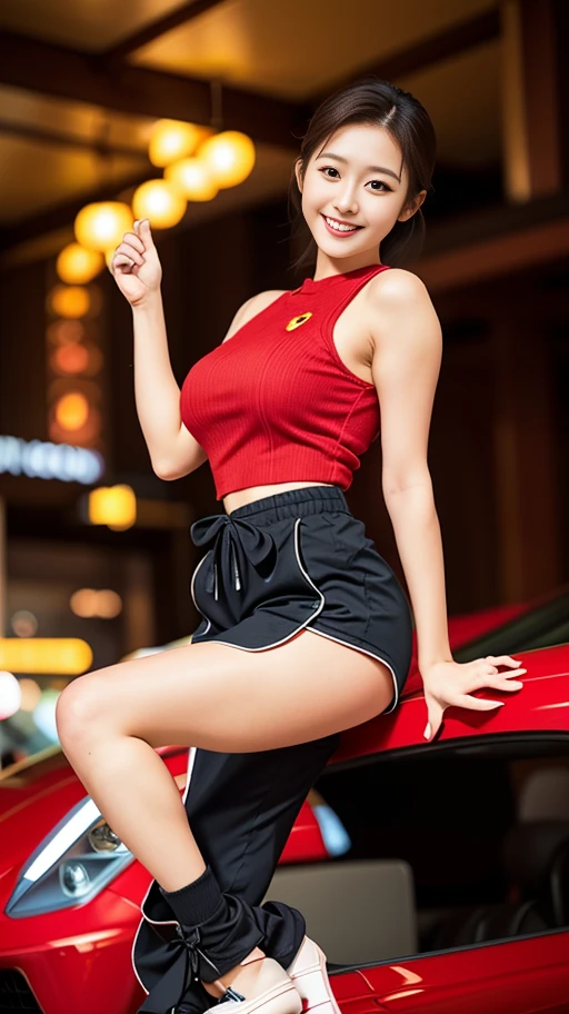 arafed woman in red top and black shorts sitting on a red ferrari, , Hwang Se - On, korean female fashion model, gorgeous young Korean Woman, red ferrari, pinup model, Korean Girl, high quality photograph, pinup body, pinup, Korean Woman, Sexy look, miura kentaro, Japanese Models, beautiful young Korean Woman,Looking at me and smiling,huge-breasted,