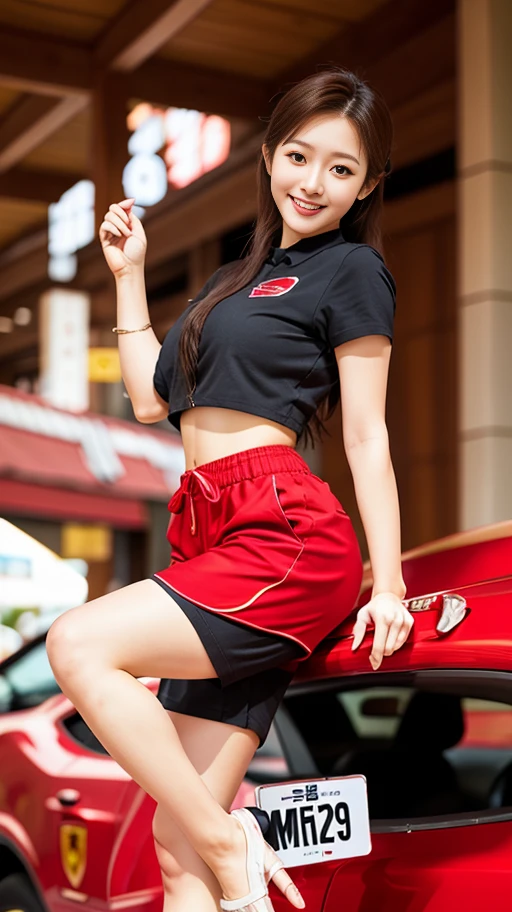 arafed woman in red top and black shorts sitting on a red car, , Hwang Se - On, korean female fashion model, gorgeous young Korean Woman, red car, pinup model, Korean Girl, high quality photograph, pinup body, pinup, Korean Woman, Sexy look, miura kentaro, Japanese Models, beautiful young Korean Woman