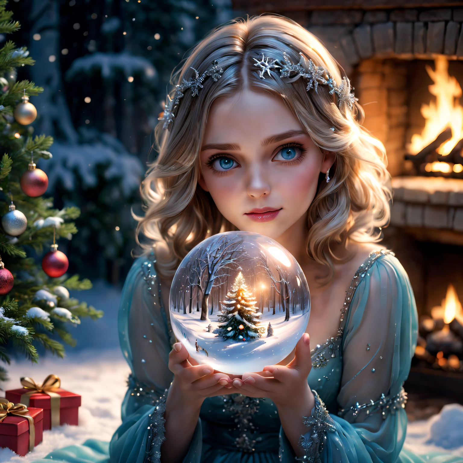 Alice's Christmas Gift: crystal sphere, Nice packaging, Sparkling snowflakes, magical ambiance, glowing lamps, Mysterious visions, Charming winter scenery, exquisitedetails, snow white forest, Cozy fireplace, shimmering dress, Twinkling stars, Joyful anticipation, etherealglow, festive decorations, Holiday spirit, Fantastic environment, Whisper a blessing, surreal charm, Enchanting magic, A whimsical wonderland, Icy breath, Heartwarming surprise, Sparkling ornaments, charming reflection, Fantastic creatures, Peace and quiet, Precious memories, bedazzled , holiday cheer, sparkling crystals, flickering eyes, flashing snow, sparkling trees, Joyful laughter, delicate snowflakes, sparkling joy, winter charm. (Best quality at best,4K,8K,A high resolution,tmasterpiece:1.2),ultra - detailed,(actual,photoactual,photo-actual:1.37), HighDynamicRange, hyper HD, Studio lighting, vivd colour.
