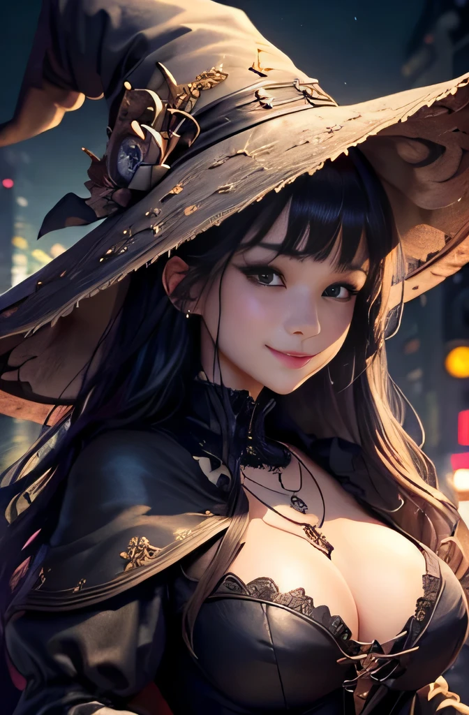 ((masterpiece)))、(((top-quality)))、((ultra-detailliert))、(highly detailed CGillustration)、beautiful witch、tits out、Tokyo at night、Outfits with attention to detail、Detailed necklace、perfectly beautiful face、Upper body view、Detailed eyes、(adorable smiling)、witch's hat