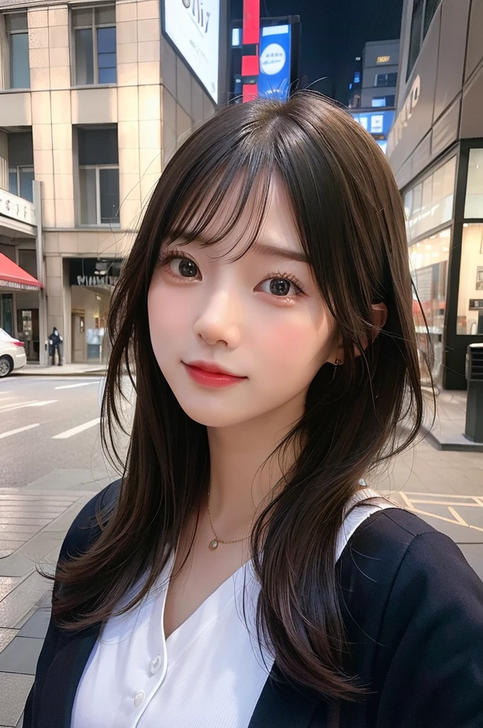 top-quality, ​masterpiece, 超A high resolution, (Realisticity: 1.4), OriginalPhotographs, 1 Girl Cinematic Lighting、Pulling photo、A city scape、Fashionable clothes、cafes、Front photo