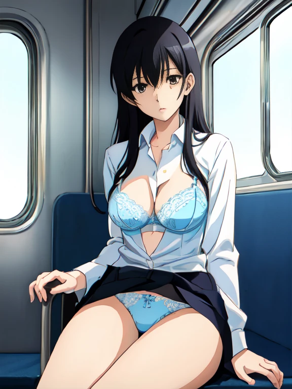 Best Quality, masutepiece, 超A high resolution, (Photorealistic: )2D official style cel animation、Recruit suit、a miniskirt、pencil skirts、タイトa miniskirt、Open the front of the light blue dress shirt、Sitting on a train chair、Lace Bra、Lace panties,teats,tits out、Black hair straight、A slender、skinny、Highlight the eyesOpen your legs to the left and right