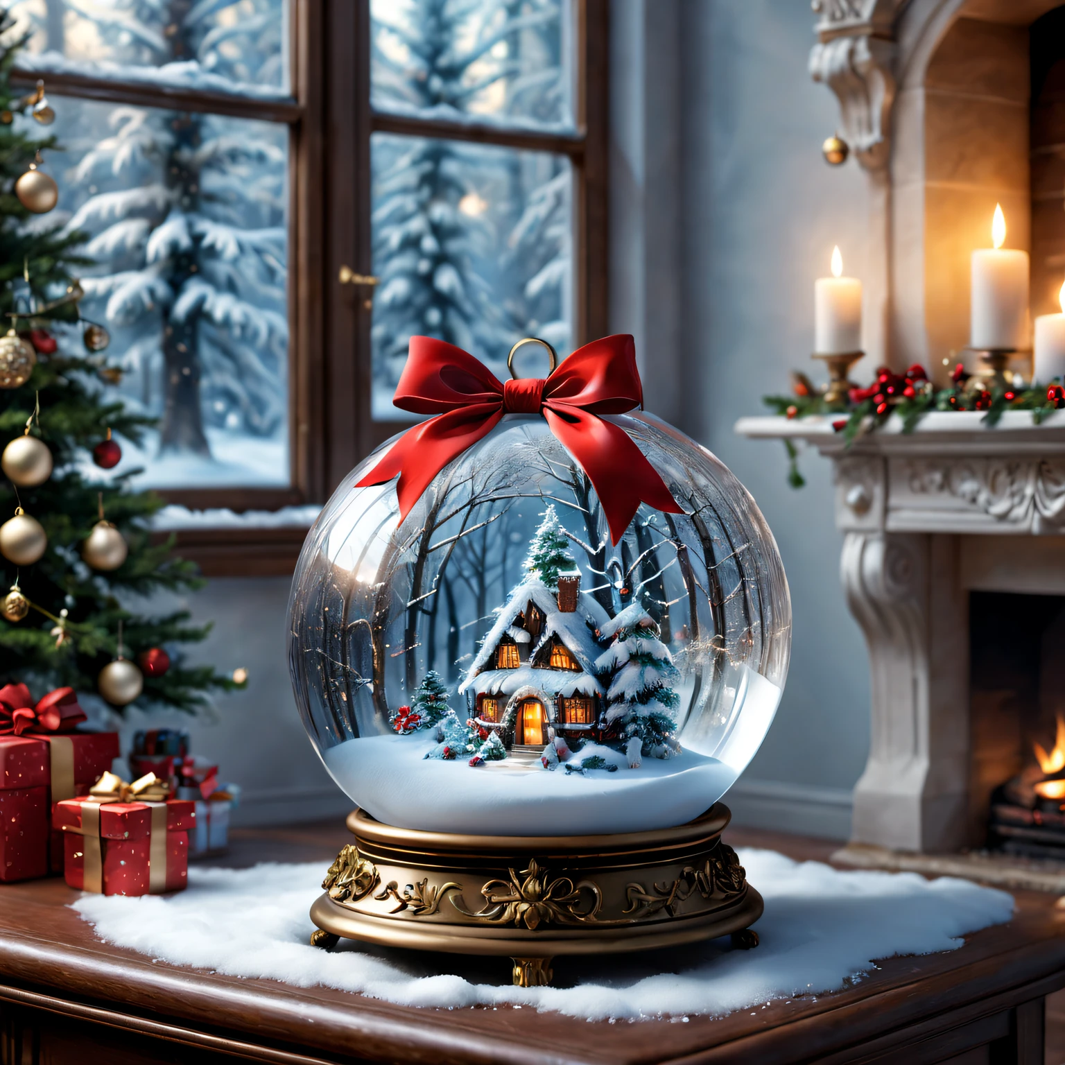 Alice&#39;s Christmas Gift: crystal sphere, The base is decorated with a red bow, Sparkling snowflakes, magical ambiance, glowing lamps, Mysterious visions, Charming winter scenery, exquisitedetails, snow white forest, Cozy fireplace, shimmering dress, Twinkling stars, Joyful anticipation, etherealglow, festive decorations, Holiday spirit, Fantastic environment, Whisper a blessing, surreal charm, Enchanting magic, A whimsical wonderland, Icy breath, Heartwarming surprise, Sparkling ornaments, charming reflection, Fantastic creatures, Peace and quiet, Precious memories, bedazzled , holiday cheer, sparkling crystals, flickering eyes, flashing snow, sparkling trees, Joyful laughter, delicate snowflakes, sparkling joy, winter charm. (Best quality at best,4K,8K,A high resolution,tmasterpiece:1.2),ultra - detailed,(actual,photoactual,photo-actual:1.37), HighDynamicRange, hyper HD, Studio lighting, vivd colour.