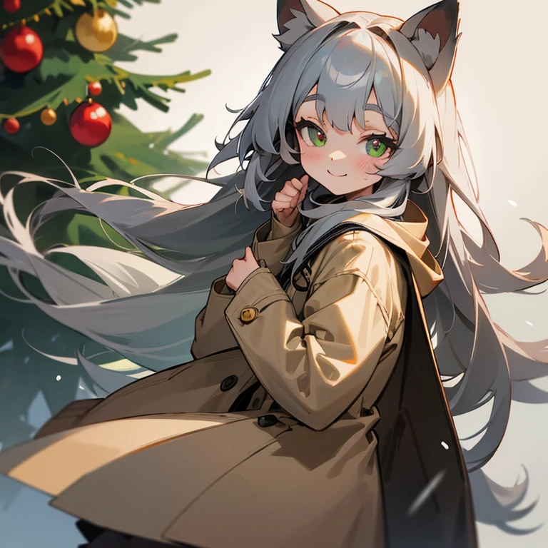 gray half-up long hair,No bangs,gray raccoon ears,In front of the Christmas tree on a snowy day,closed gray coat,Beige school uniform skirt,green big eyes smiling girl,