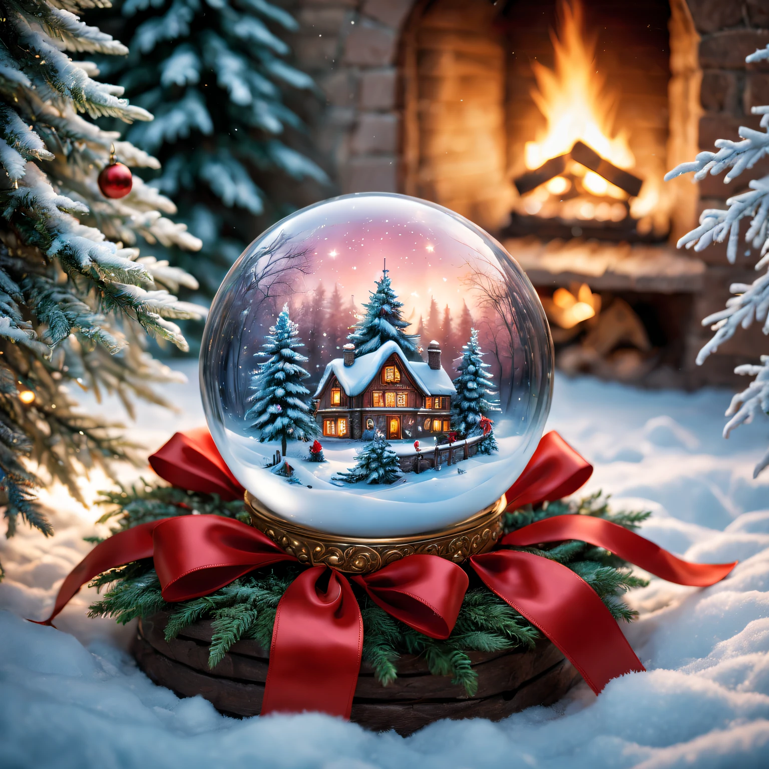 Alice&#39;s Christmas Gift: crystal sphere, Sparkling snowflakes, magical ambiance, glowing lamps, Mysterious visions, Charming winter scenery, exquisitedetails, snow white forest, Cozy fireplace, shimmering dress, Twinkling stars, The base is decorated with a red bow, Joyful anticipation, etherealglow, festive decorations, Holiday spirit, Fantastic environment, Whisper a blessing, surreal charm, Enchanting magic, A whimsical wonderland, Icy breath, Heartwarming surprise, Sparkling ornaments, charming reflection, Fantastic creatures, Peace and quiet, Precious memories, bedazzled , holiday cheer, sparkling crystals, flickering eyes, flashing snow, sparkling trees, Joyful laughter, delicate snowflakes, sparkling joy, winter charm. (Best quality at best,4K,8K,A high resolution,tmasterpiece:1.2),ultra - detailed,(actual,photoactual,photo-actual:1.37), HighDynamicRange, hyper HD, Studio lighting, vivd colour.
