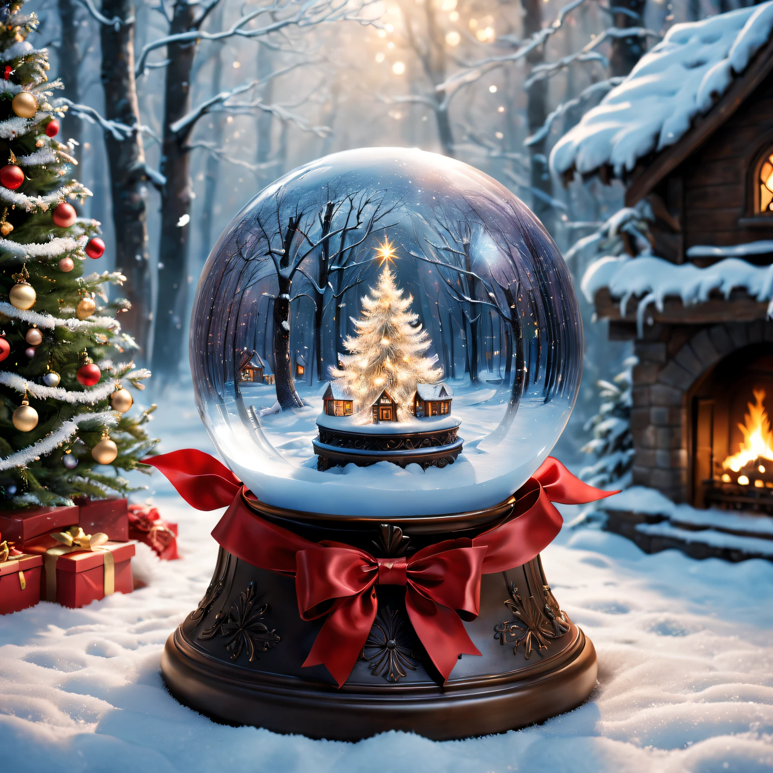 Alice&#39;s Christmas Gift: crystal sphere, Sparkling snowflakes, magical ambiance, glowing lamps, Mysterious visions, Charming winter scenery, exquisitedetails, snow white forest, Cozy fireplace, shimmering dress, Twinkling stars, The base is decorated with a red bow, Joyful anticipation, etherealglow, festive decorations, Holiday spirit, Fantastic environment, Whisper a blessing, surreal charm, Enchanting magic, A whimsical wonderland, Icy breath, Heartwarming surprise, Sparkling ornaments, charming reflection, Fantastic creatures, Peace and quiet, Precious memories, bedazzled , holiday cheer, sparkling crystals, flickering eyes, flashing snow, sparkling trees, Joyful laughter, delicate snowflakes, sparkling joy, winter charm. (Best quality at best,4K,8K,A high resolution,tmasterpiece:1.2),ultra - detailed,(actual,photoactual,photo-actual:1.37), HighDynamicRange, hyper HD, Studio lighting, vivd colour.