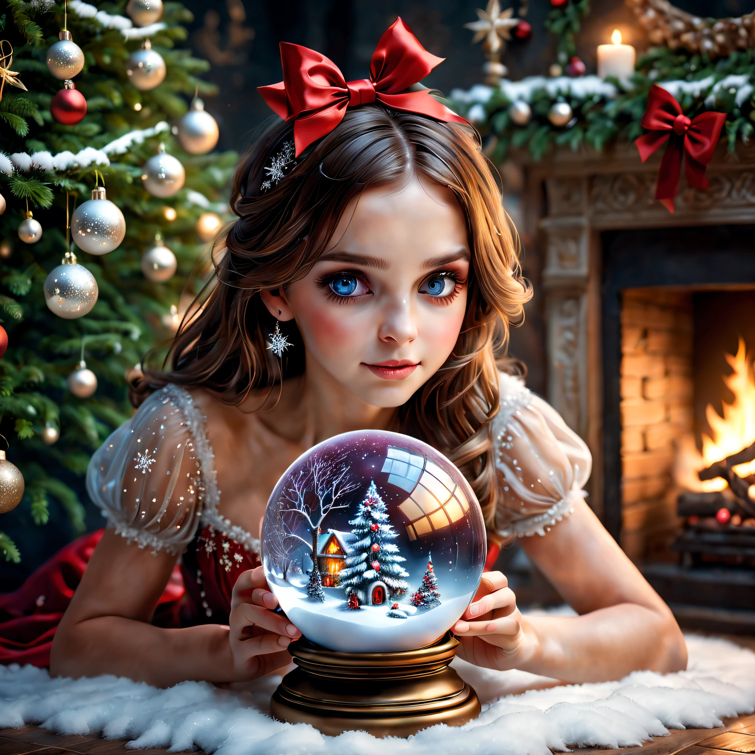 Alice&#39;s Christmas Gift: crystal sphere, Sparkling snowflakes, magical ambiance, glowing lamps, Mysterious visions, Charming winter scenery, exquisitedetails, snow white forest, Cozy fireplace, shimmering dress, Twinkling stars, The base is decorated with a red bow, Joyful anticipation, etherealglow, festive decorations, Holiday spirit, Fantastic environment, Whisper a blessing, surreal charm, Enchanting magic, A whimsical wonderland, Icy breath, Heartwarming surprise, Sparkling ornaments, charming reflection, Fantastic creatures, Peace and quiet, Precious memories, bedazzled , holiday cheer, sparkling crystals, flickering eyes, flashing snow, sparkling trees, Joyful laughter, delicate snowflakes, sparkling joy, winter charm. (Best quality at best,4K,8K,A high resolution,tmasterpiece:1.2),ultra - detailed,(actual,photoactual,photo-actual:1.37), HighDynamicRange, hyper HD, Studio lighting, vivd colour.