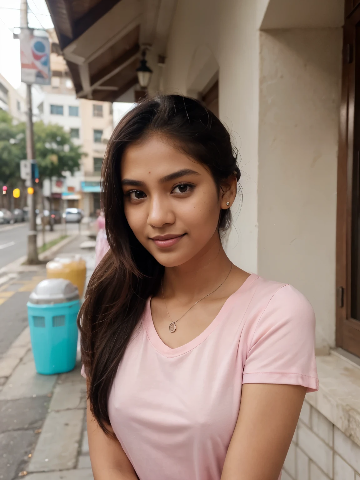 ((self-taken photo)), natural colors, ((selfie photo)), of a 22-year-old Sri Lankan woman named Kasuni, (dark long ponytail hair), dark fair skin, black eyes, feminine features, iPhone, mobile quality, mobile focus, tack smooth, Instagram filter, TikTok filter, detailed face, detailed eyes, oiled skin, profile picture, smiling, ((turquoise short, pink t-shirt, ladies jewelry)), natural lighting.