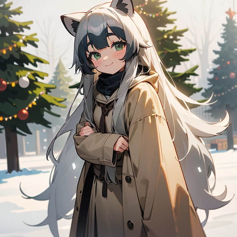grey long hair,Half-bundled,No bangs,gray raccoon ears,In front of the Christmas tree on a snowy day,closed gray coat,Beige school uniform skirt,green big eyes smiling girl,
