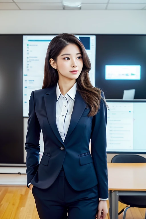 (best quality,realistic:1.37),portrait,secretary,smart suit,long hair,cute cat ears,business-like,two-toned color scheme,classy office setting,confident posture,using whiteboard,professional attitude,teaching in a meeting room,well-proportioned figure