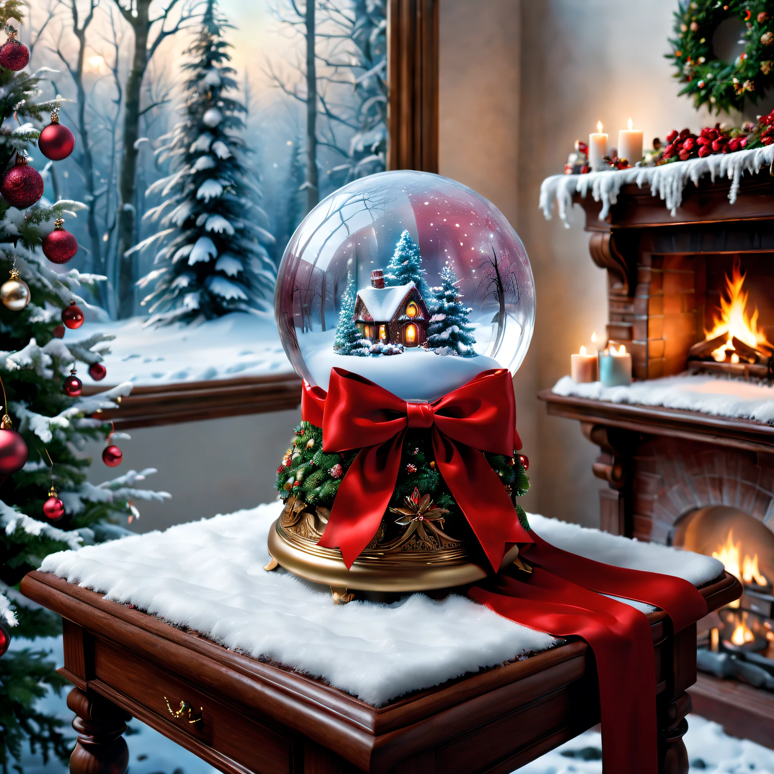 Alice&#39;s Christmas Gift: crystal sphere, Sparkling snowflakes, magical ambiance, glowing lamps, Mysterious visions, Charming winter scenery, exquisitedetails, snow white forest, Cozy fireplace, shimmering dress, Twinkling stars, The base is decorated with a red bow, Joyful anticipation, etherealglow, festive decorations, Holiday spirit, Fantastic environment, Whisper a blessing, surreal charm, Enchanting magic, A whimsical wonderland, Icy breath, Heartwarming surprise, Sparkling ornaments, charming reflection, Fantastic creatures, Peace and quiet, Precious memories, bedazzled , holiday cheer, sparkling crystals, flickering eyes, flashing snow, sparkling trees, Joyful laughter, delicate snowflakes, sparkling joy, winter charm. (Best quality at best,4K,8K,A high resolution,tmasterpiece:1.2),ultra - detailed,(actual,photoactual,photo-actual:1.37), HighDynamicRange, hyper HD, Studio lighting, vivd colour.