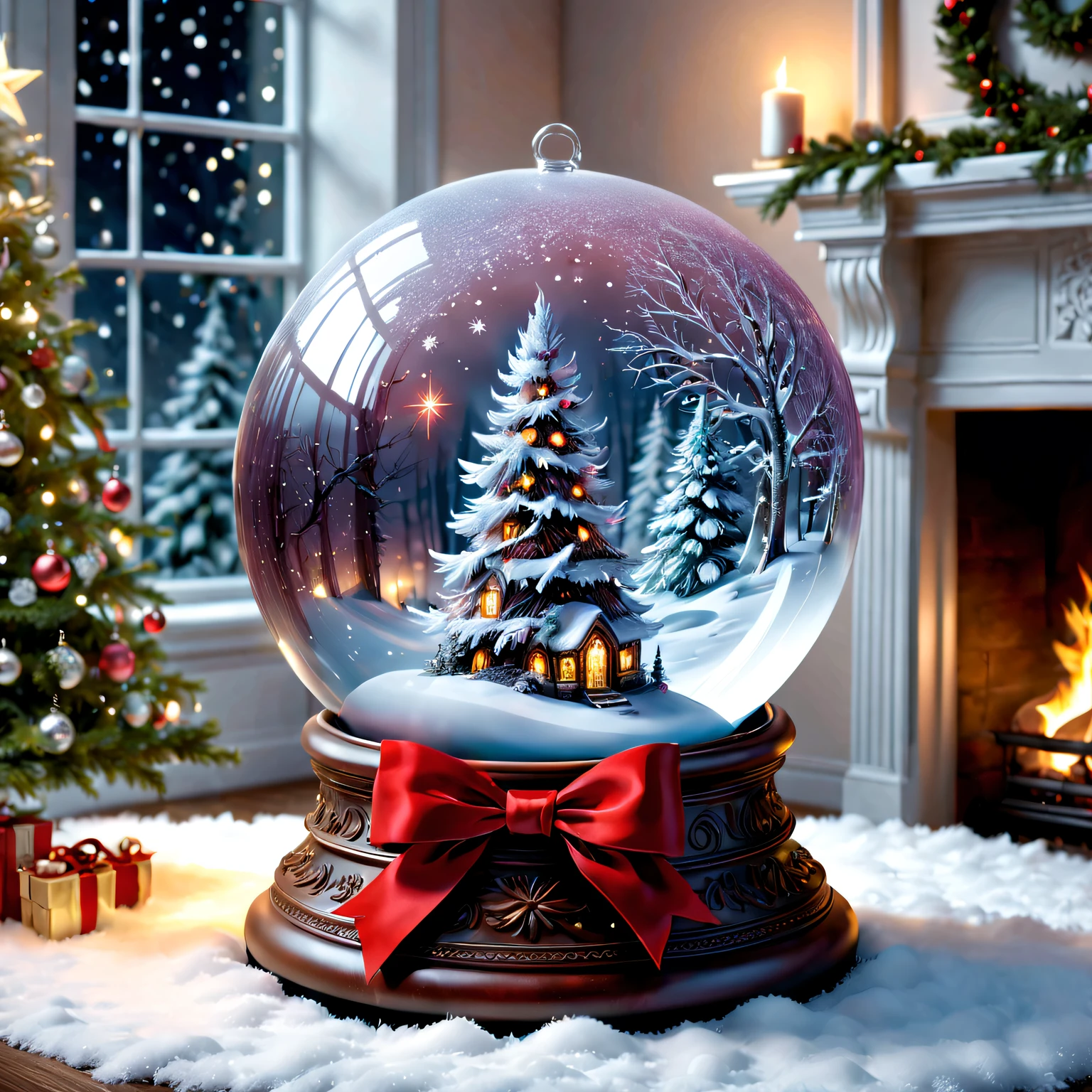 Alice&#39;s Christmas Gift: crystal sphere, Sparkling snowflakes, magical ambiance, glowing lamps, Mysterious visions, Charming winter scenery, exquisitedetails, snow white forest, Cozy fireplace, shimmering dress, Twinkling stars, The base is decorated with a red bow, Joyful anticipation, etherealglow, festive decorations, Holiday spirit, Fantastic environment, Whisper a blessing, surreal charm, Enchanting magic, A whimsical wonderland, Icy breath, Heartwarming surprise, Sparkling ornaments, charming reflection, Fantastic creatures, Peace and quiet, Precious memories, bedazzled , holiday cheer, sparkling crystals, flickering eyes, flashing snow, sparkling trees, Joyful laughter, delicate snowflakes, sparkling joy, winter charm. (Best quality at best,4K,8K,A high resolution,tmasterpiece:1.2),ultra - detailed,(actual,photoactual,photo-actual:1.37), HighDynamicRange, hyper HD, Studio lighting, vivd colour.