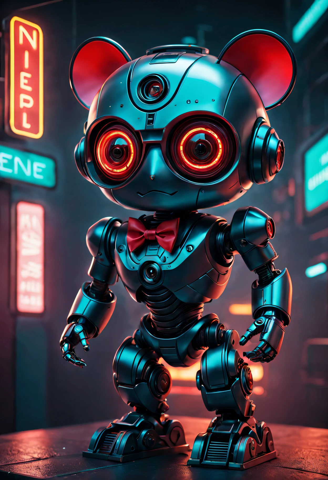 (A gift,a christmas gift,a holiday gift,a special gift,a unique gift,surprise),Butler robot,Decorated with red bow,Bow tie with red bow,with a Funky cyberpunk design,Cyberpunk themed appearance,futurism aesthetic,sense of science and technology,made of lisses metal,Has complex mechanical details,(advanced,ingenious,ingenious,Efficient),Ability to perform a variety of tasks and chores,Perfectly synchronized movements,a useful assistant,Attentive and responsive,(highly Detailed pubic hair,Detailed pubic hair,meticuloso),(actual,realisticlying,realisticlying:1.37),Capture all complex features and textures,(vivd colour,Colorful,fearlesunky,lisses,modern),(full of lights,illuminated by neon lights,Under the illumination of neon lights),in the future environment,Cyberpunk world,vibrant setting,Immerse the audience in the atmosphere of the future.