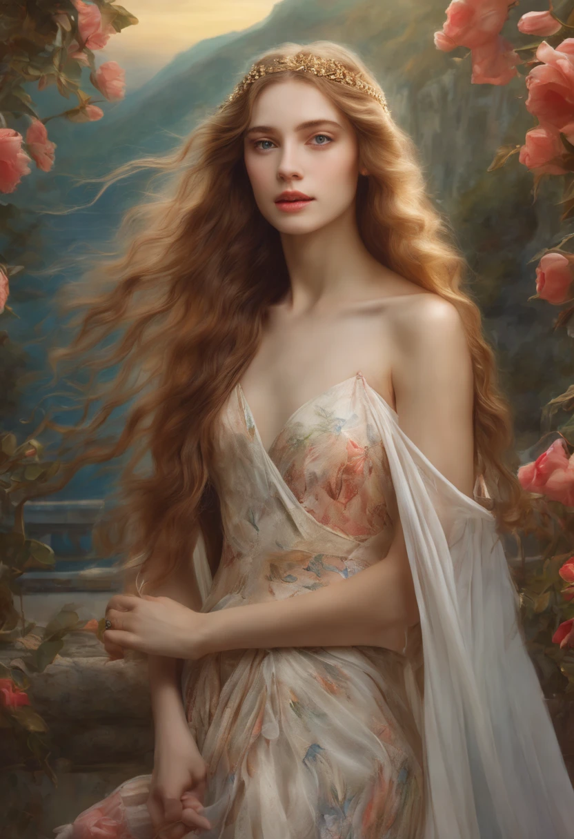 (best quality,highres,masterpiece),realistic lighting,soft skin,beautiful detailed eyes,luscious lips,long flowing hair,flowy dress,ethereal background,vibrant colors,romantic atmosphere ,Venus goddess