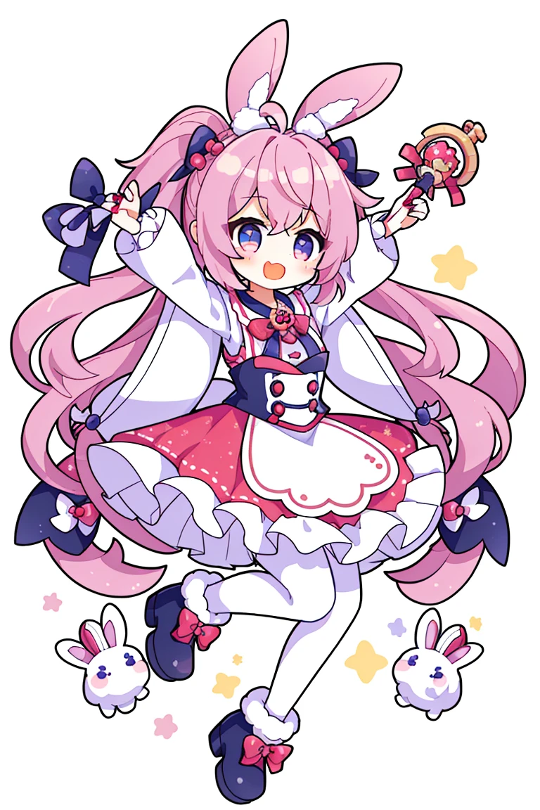 1 girl in, critters耳朵, with pink hair, long whitr hair, edgBunny, with her mouth open, ssmile, edgBunny ears, the bow, Alone, White Background with, dress, lacepantyhose, muri, eBlue eyes, looking at viewert, d, full bodyesbian, Background with, nail polish, Arms up, Hair the bow, longer sleeves, Fluffy sleeves, 水族footwear类, footwear, 蓝色footwear类, jumpping, critters, Be red in the face, Argyle Street, As estrelas (symbol), holding a wand, Very long hair, bow ribbon,