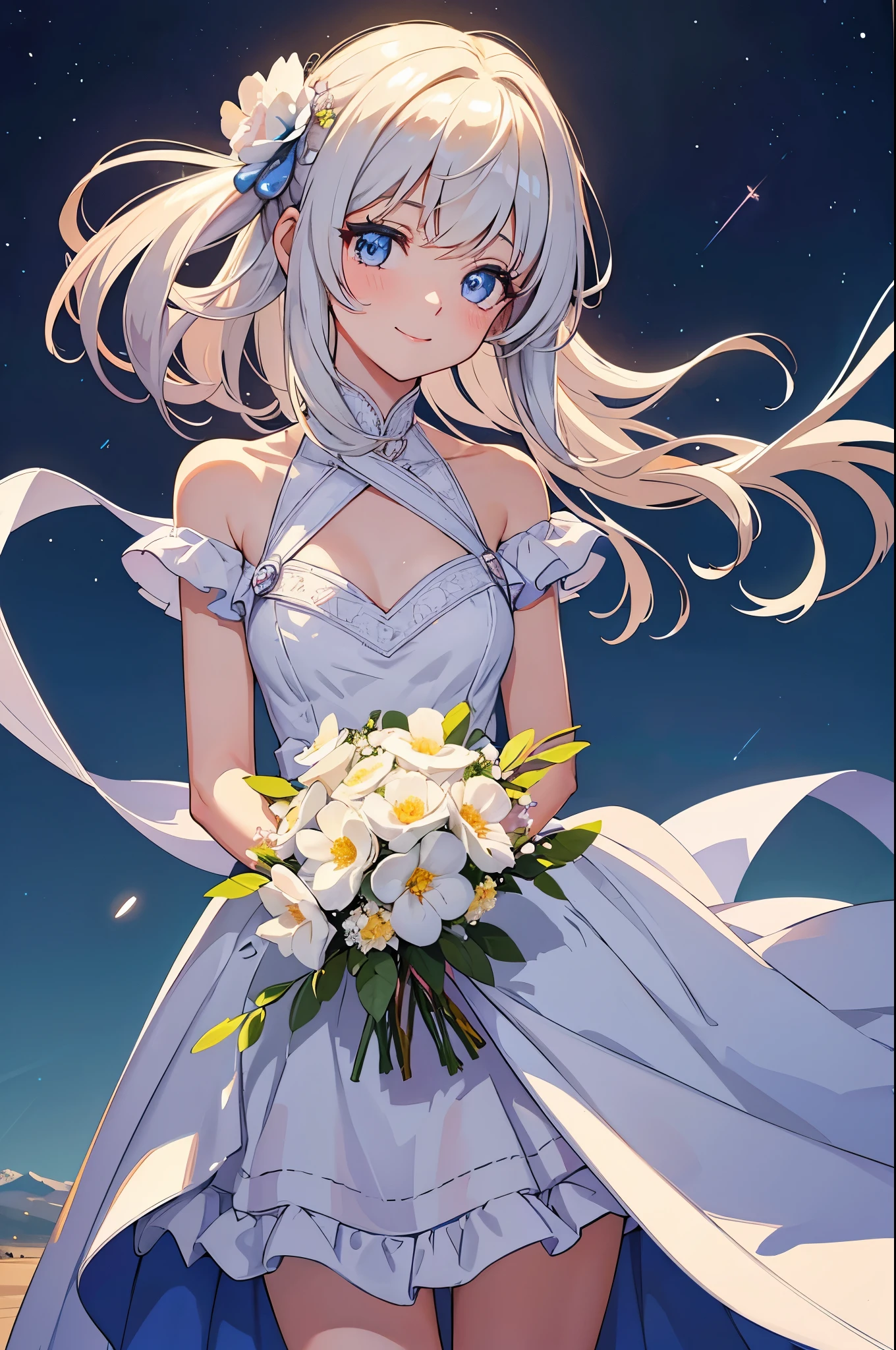 Angel, beautiful eyes, cowboy shot, night sky landscape, emotional, fluffy dress, diagonal, cute and gentle smile, beautiful girl with a bouquet of flowers so beautiful that you can't see her hands, beautiful eyes, colorful, (delicate) details, intricate, Complex configuration: 1.5) (very detailed)) Complex configuration: 1.5)