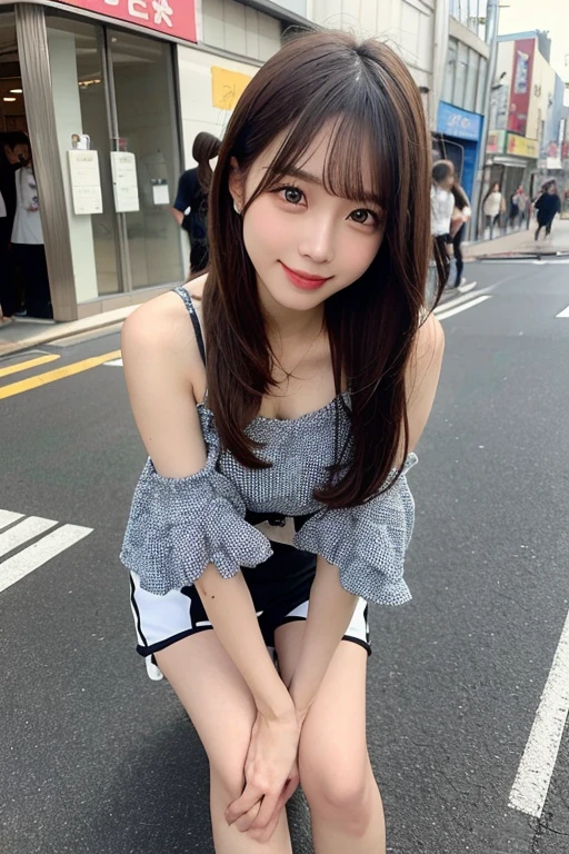 hight resolution, top-quality, Perfect dynamic composition, Beautiful detailed eyes, off shoulders、Radiant hair、Medium Hair, Natural Color Lip, college aged、Harajuku、A slight smil、Crouched figure、M-shaped legs