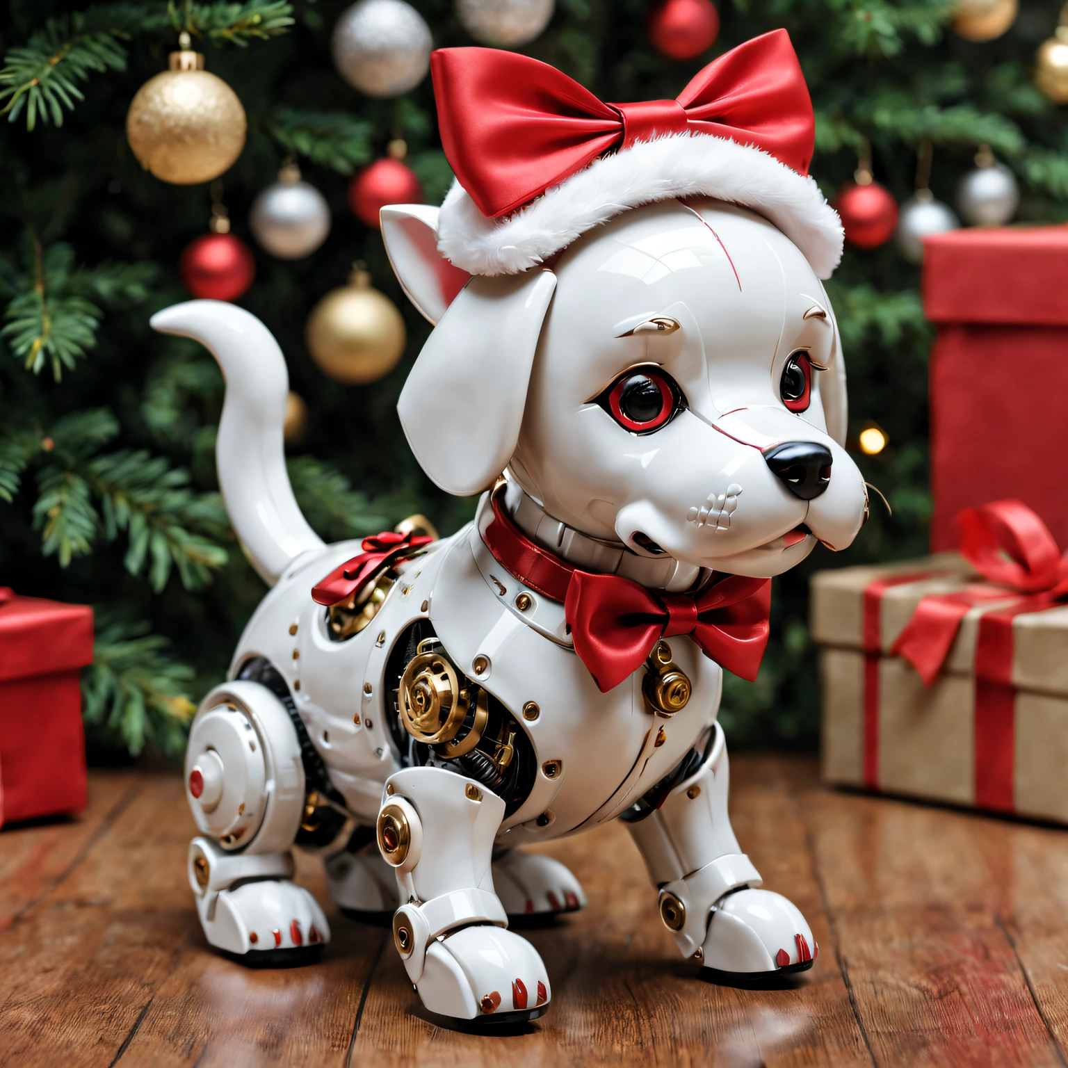 Christmas gift is a cute mechanical dog，Decorated with a red bow，