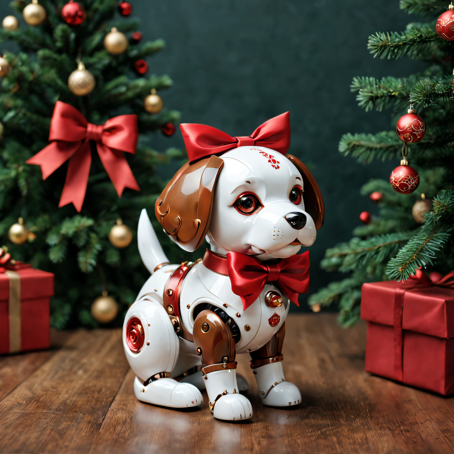 Christmas gift is a cute mechanical dog,Decorated with a red bow,