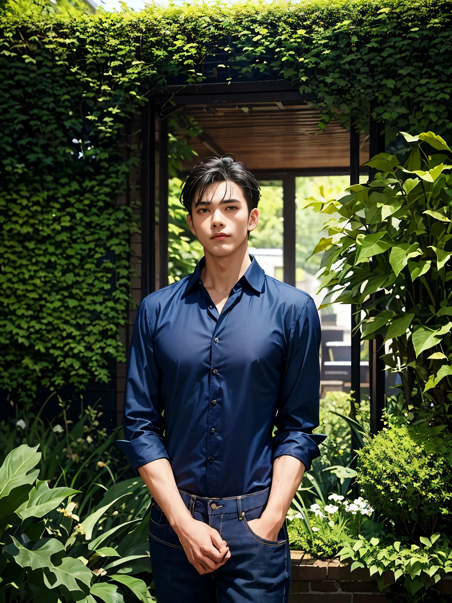 a close up of a man in a blank shirt and black pant, wearing a dark shirt and jeans, navy shirt, wearing in shirt, black shirt, edited, blue shirt, wearing a black shirt, collared shirt, front side, button up shirt, decorative dark blue clothing, attractive and good looking, fully body portrait, full body model, in a beautiful garden