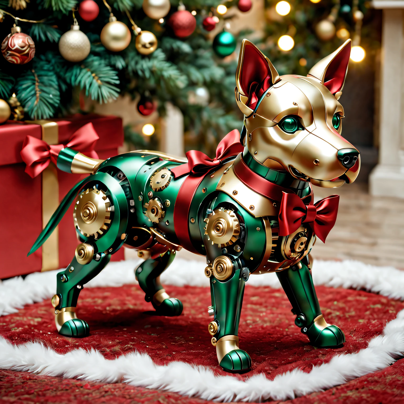 (Best quality at best,A high resolution:1.2),ultra - detailed,(actual:1.37) A cute mechanical dog with a Red bow [Christmas gifts], shiny metal body, complex mechanical joints, The bow is well made (perfectly tied together, vibrant Red color), Mechanical dog is small in size，Exquisite details, Surrounded by holiday decorations [Christmas theme], Happy and warm holiday atmosphere, Soft glowing lights and sparkling decorations, vivd colour (Red, Green, kinako), The robotic dog is placed on a cozy rug, Soft lighting creates a warm and pleasant scene