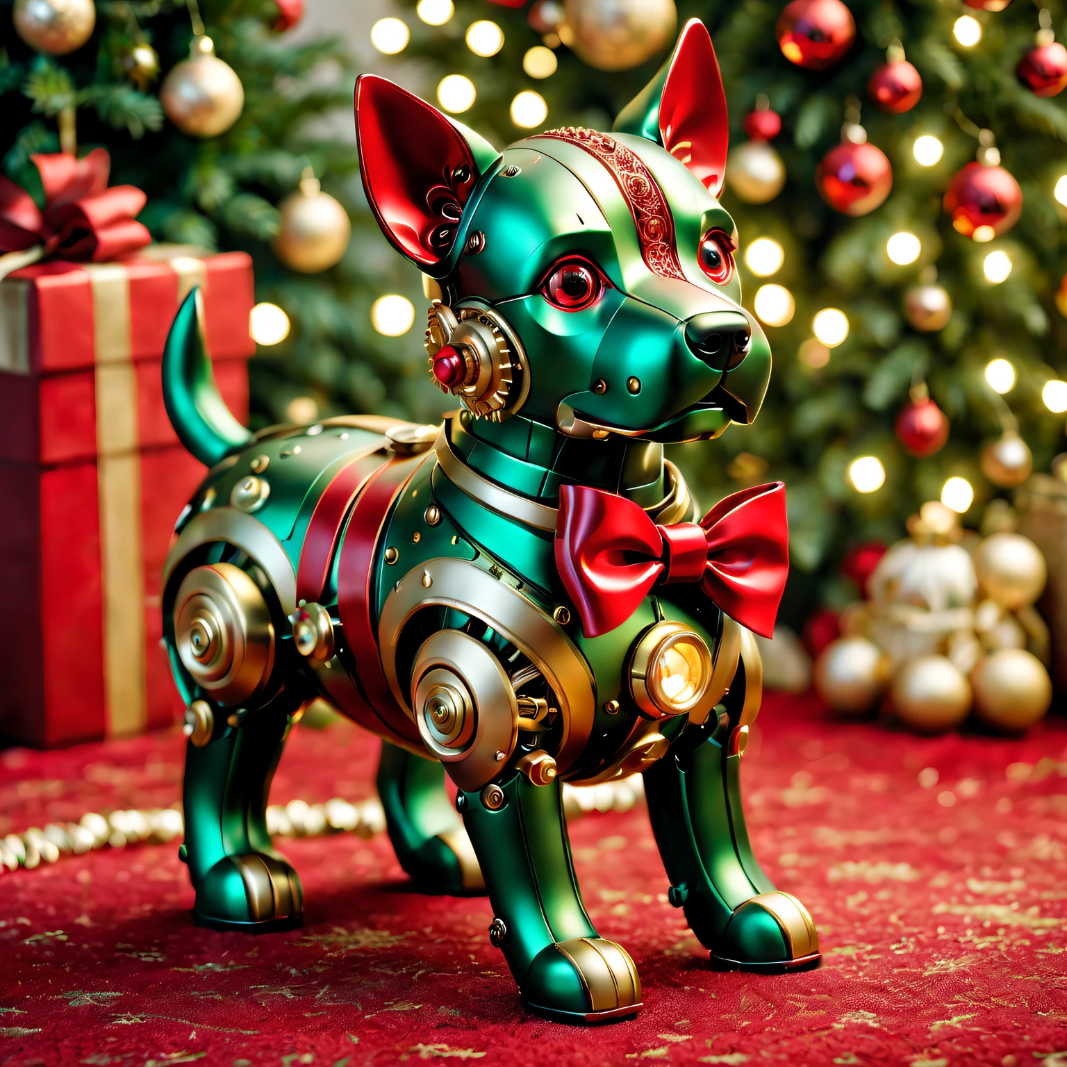 (Best quality at best,A high resolution:1.2),ultra - detailed,(actual:1.37) A cute mechanical dog with a Red bow [Christmas gifts], shiny metal body, complex mechanical joints, The bow is well made (perfectly tied together, vibrant Red color), Mechanical dog is small in size，Exquisite details, Surrounded by holiday decorations [Christmas theme], Happy and warm holiday atmosphere, Soft glowing lights and sparkling decorations, vivd colour (Red, Green, kinako), The robotic dog is placed on a cozy rug, Soft lighting creates a warm and pleasant scene