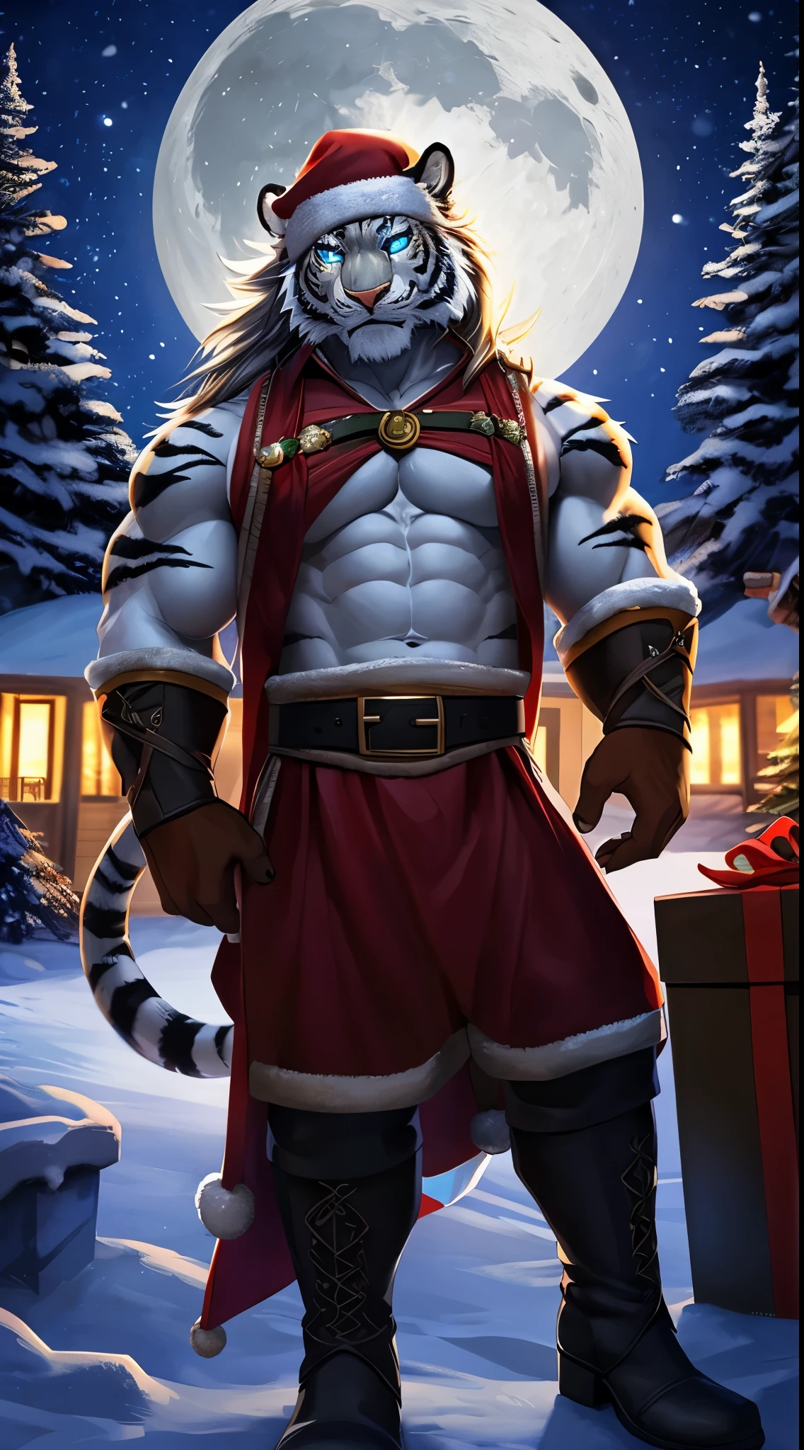 Tiger male, full body covered in fluffy fur, , big muscular chest, volumetric abs, day, , detailed, uploaded to e621, beautiful and detailed portrait of an anthropomorphic white tiger (((male))) , ruan jia, uploaded to e621, movie lighting, moon lights, tree christmas, glowing eyes, white fur, long dark mane of hair, wear christmas clothes, wear Cotton White Gloves, wear leather riding boots, christmas box