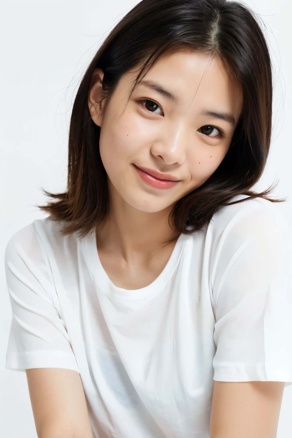 Top quality, 1 beautiful woman, age 28, white T-shirts, half-smile, 35mm lens, f/1, cowboy shot, (white background: 1.3)
