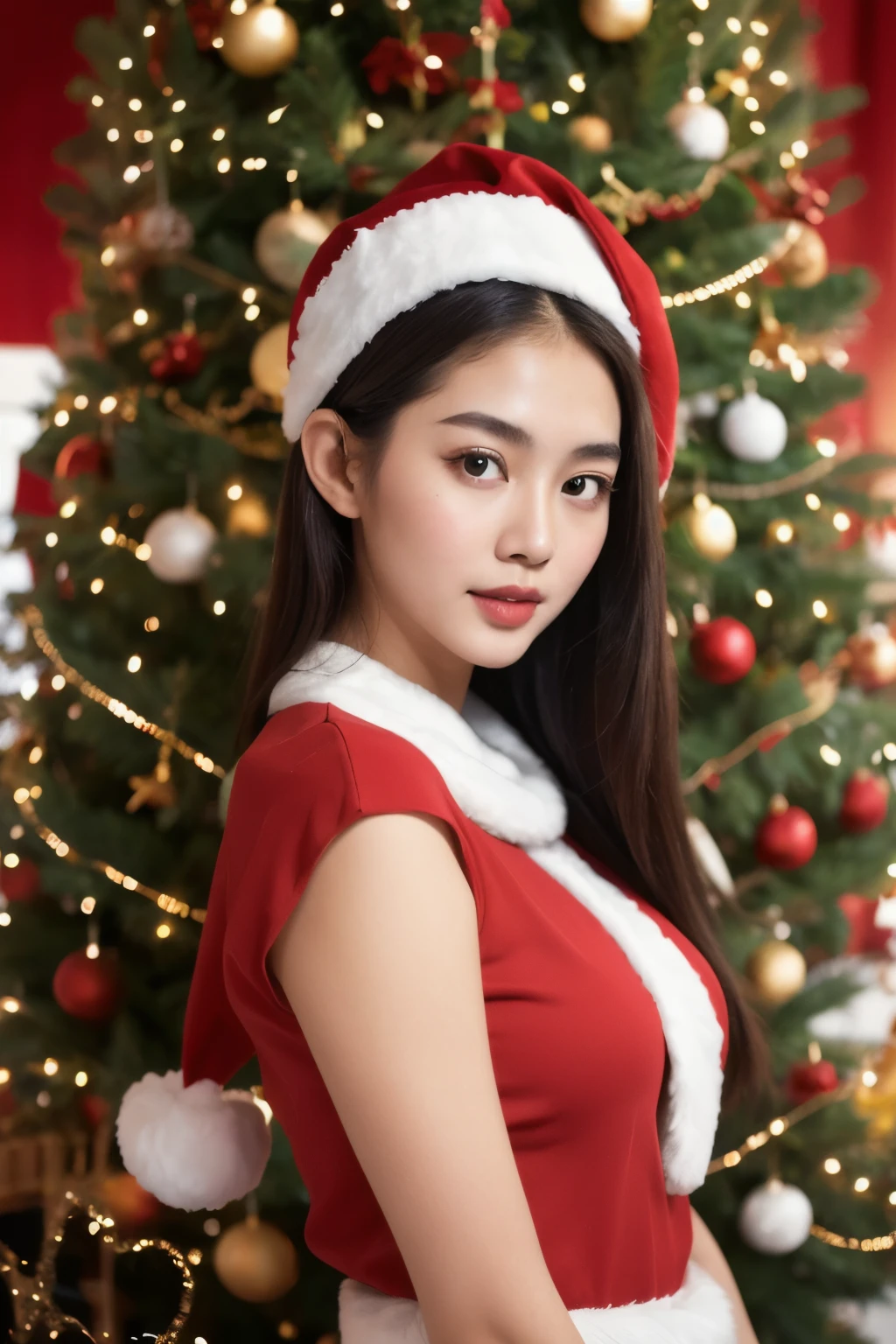 ((best quality)), ((masterpiece)), (detailed), perfect face Beautiful slim Thai Girl 25 yo in Santa Claus costume stands at the Christmas tree in the white room, UHD, realistic