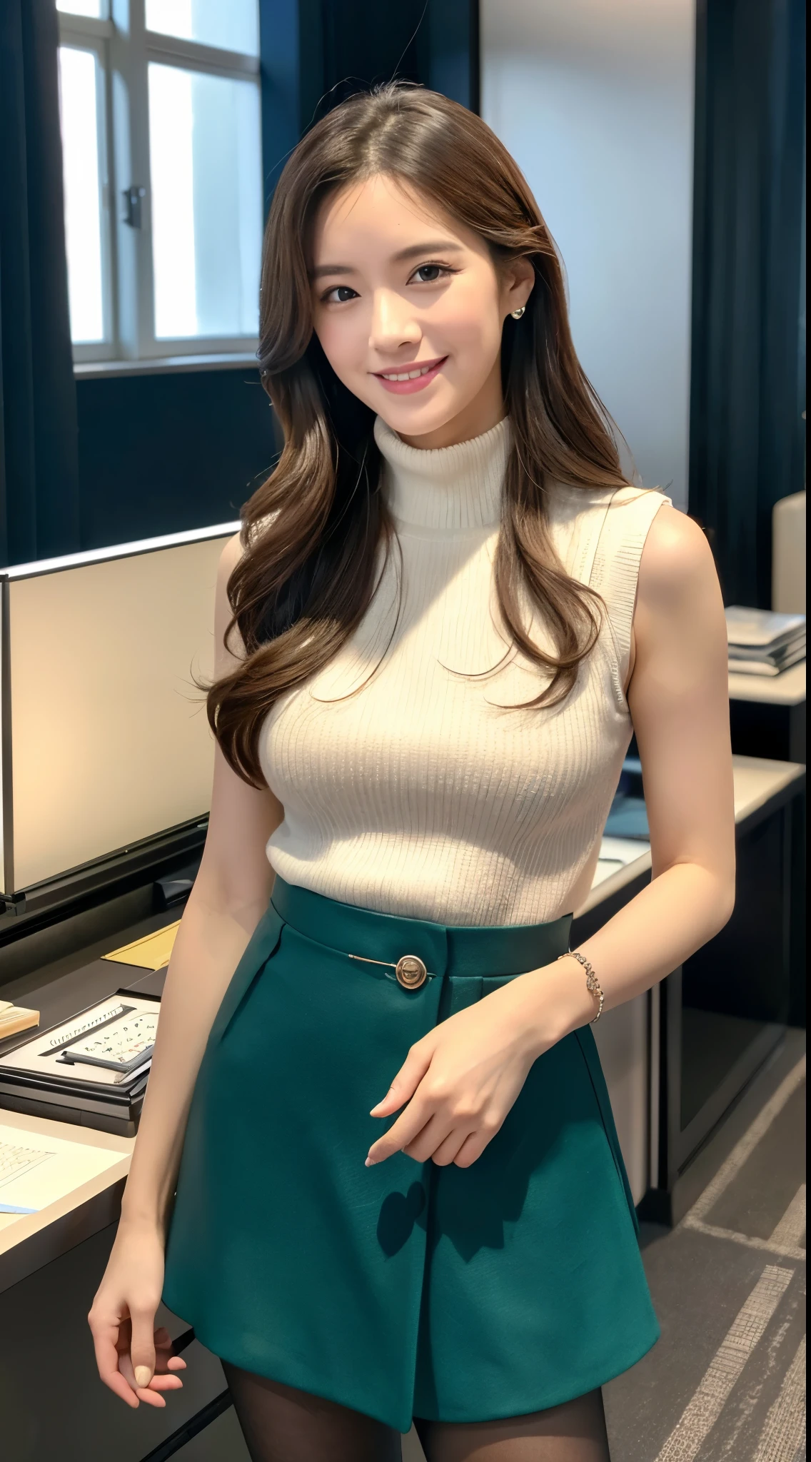 ulzzang -6500-v1.1, (Raw photo:1.2), (Photorealsitic), Beautiful detailed, (Real: 1.4), ighly detailedな目と顔, beatiful detailed eyes, Standing in the office、(Sleeveless High Neck Sweater、flered skirt:1.2)、(Ultra-realistic pantyhose、high-heels)、Standing cross-legged、huge filesize, hight resolution, ighly detailed, top-quality, [​masterpiece:1.6], illustratio, ighly detailed, nffsw, finely detail, top-quality, 8k wallpaper, Cinematographic lighting, 1 milf, 43 yeas old, perfect body type, cute droopy eyes beautiful big eyes、Pieckfinger, ((masutepiece)), Best Quality, 1 milf, eye shadow, Portrait, ((FULL BODYSHOT:1.4))、(Very affectionate smile:1.2)、