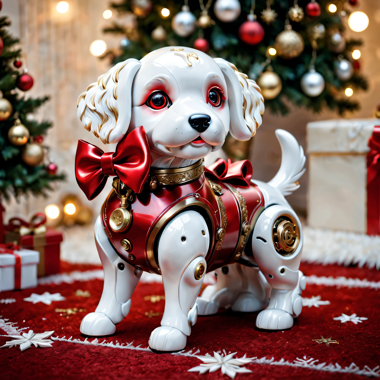 (Best quality at best,A high resolution:1.2),ultra - detailed,(actual:1.37) A cute mechanical dog with a Red bow [Christmas gifts], shiny metal body, complex mechanical joints, The bow is well made (perfectly tied together, vibrant Red color), Mechanical dog is small in size，Exquisite details, Surrounded by holiday decorations [Christmas theme], Happy and warm holiday atmosphere, Soft glowing lights and sparkling decorations, vivd colour (Red, The white, kinako), The robotic dog is placed on a cozy rug, Soft lighting creates a warm and pleasant scene