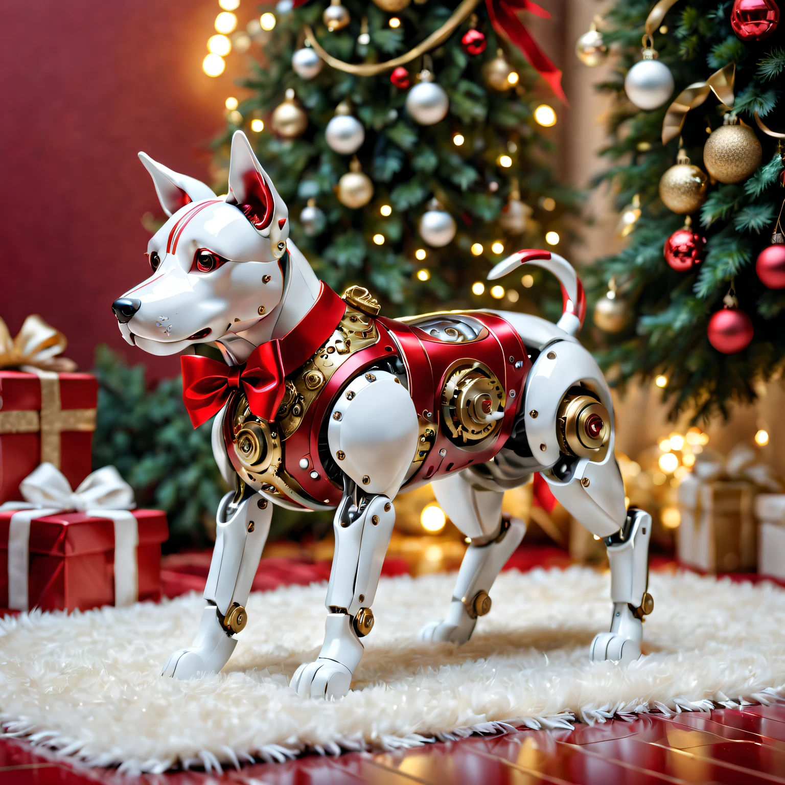 (Best quality at best,A high resolution:1.2),ultra - detailed,(actual:1.37) A cute mechanical dog with a Red bow [Christmas gifts], shiny metal body, complex mechanical joints, The bow is well made (perfectly tied together, vibrant Red color), Mechanical dog is small in size，Exquisite details, Surrounded by holiday decorations [Christmas theme], Happy and warm holiday atmosphere, Soft glowing lights and sparkling decorations, vivd colour (Red, The white, kinako), The robotic dog is placed on a cozy rug, Soft lighting creates a warm and pleasant scene