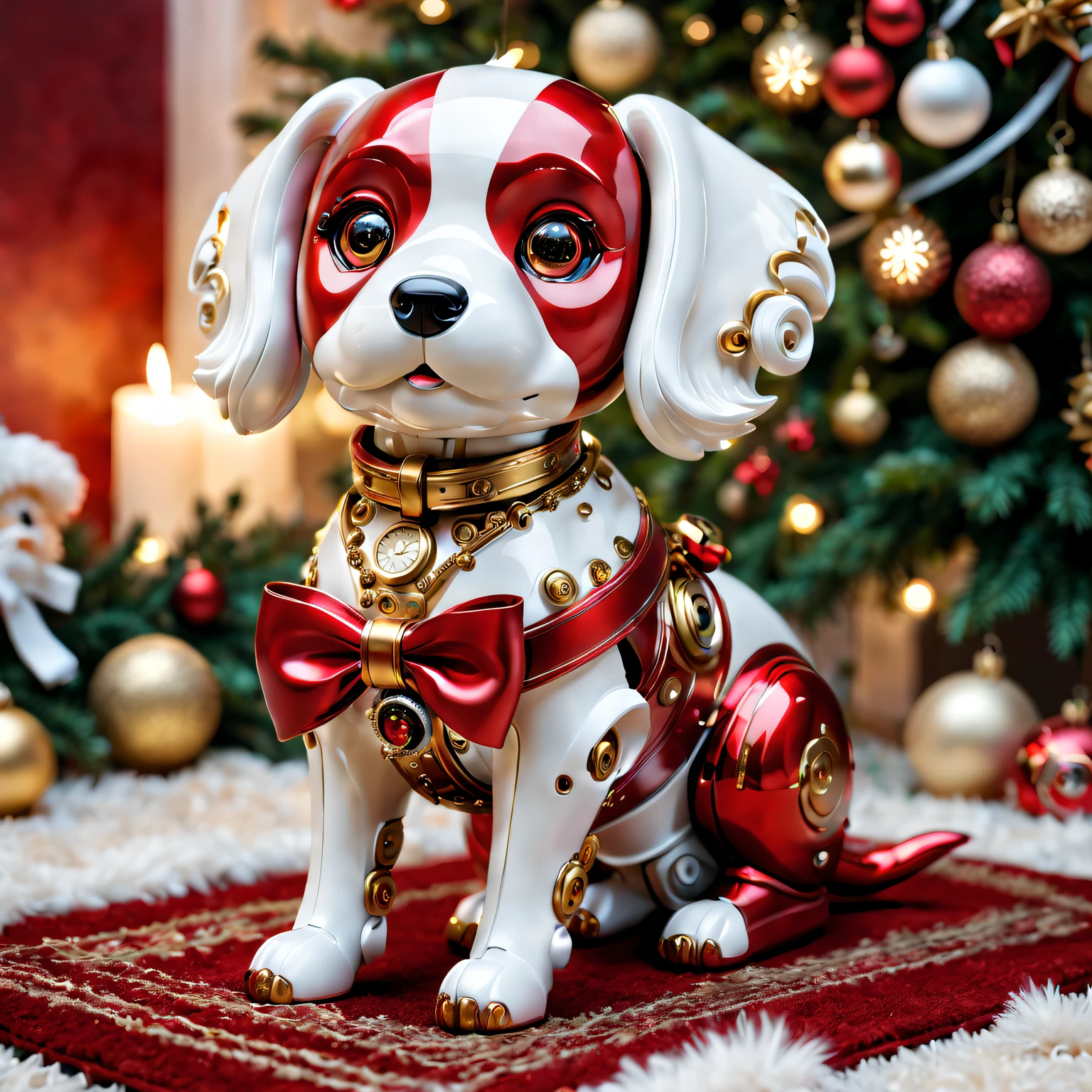 (Best quality at best,A high resolution:1.2),ultra - detailed,(actual:1.37) A cute mechanical dog with a Red bow [Christmas gifts], shiny metal body, complex mechanical joints, The bow is well made (perfectly tied together, vibrant Red color), Mechanical dog is small in size，Exquisite details, Surrounded by holiday decorations [Christmas theme], Happy and warm holiday atmosphere, Soft glowing lights and sparkling decorations, vivd colour (Red, The white, kinako), The robotic dog is placed on a cozy rug, Soft lighting creates a warm and pleasant scene