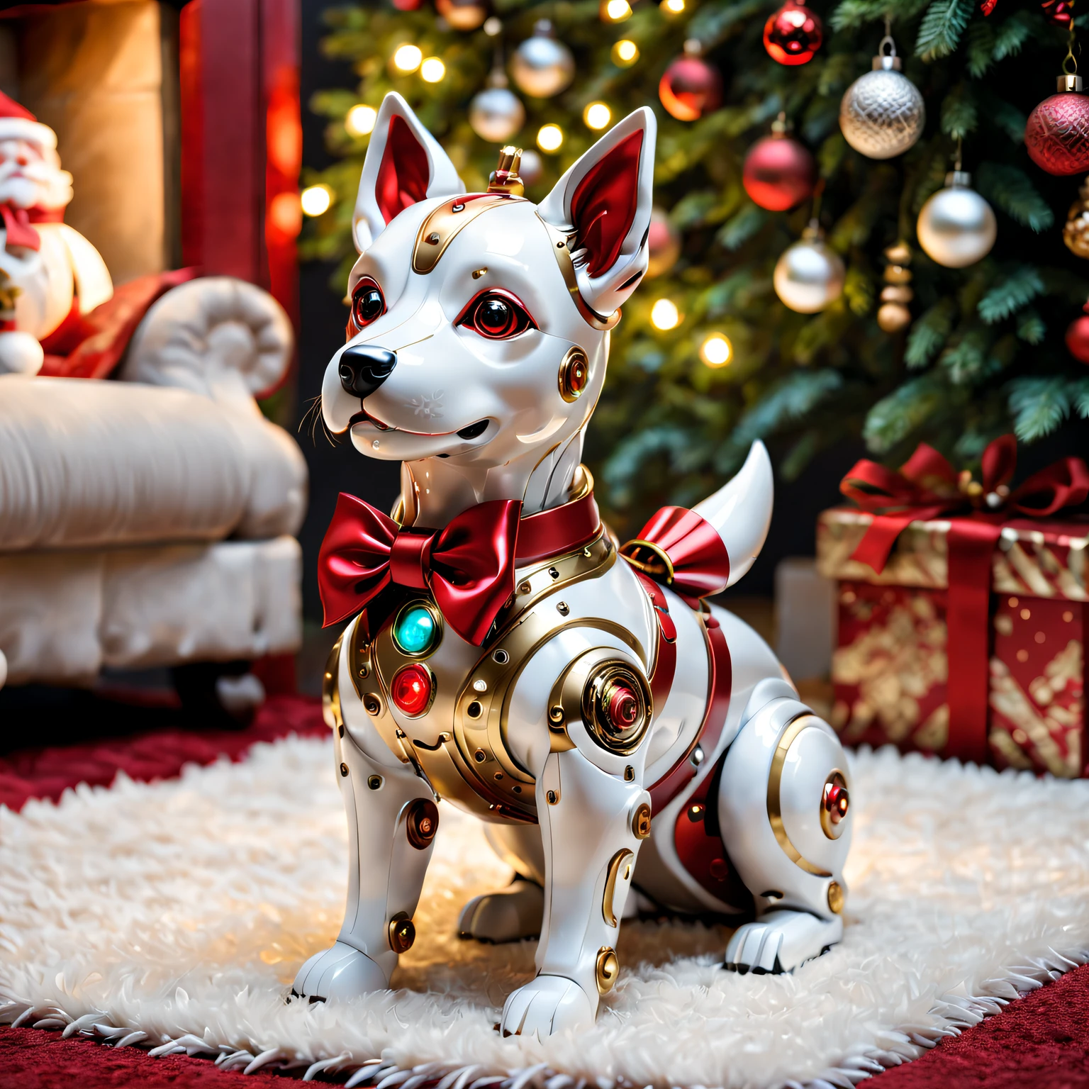 (Best quality at best,A high resolution:1.2),ultra - detailed,(actual:1.37) A cute mechanical dog with a Red bow [Christmas gifts], shiny metal body, complex mechanical joints, The bow is well made (perfectly tied together, vibrant Red color), Mechanical dog is small in size，Exquisite details, Surrounded by holiday decorations [Christmas theme], Happy and warm holiday atmosphere, Soft glowing lights and sparkling decorations, vivd colour (Red, The white, kinako), The robotic dog is placed on a cozy rug, Soft lighting creates a warm and pleasant scene