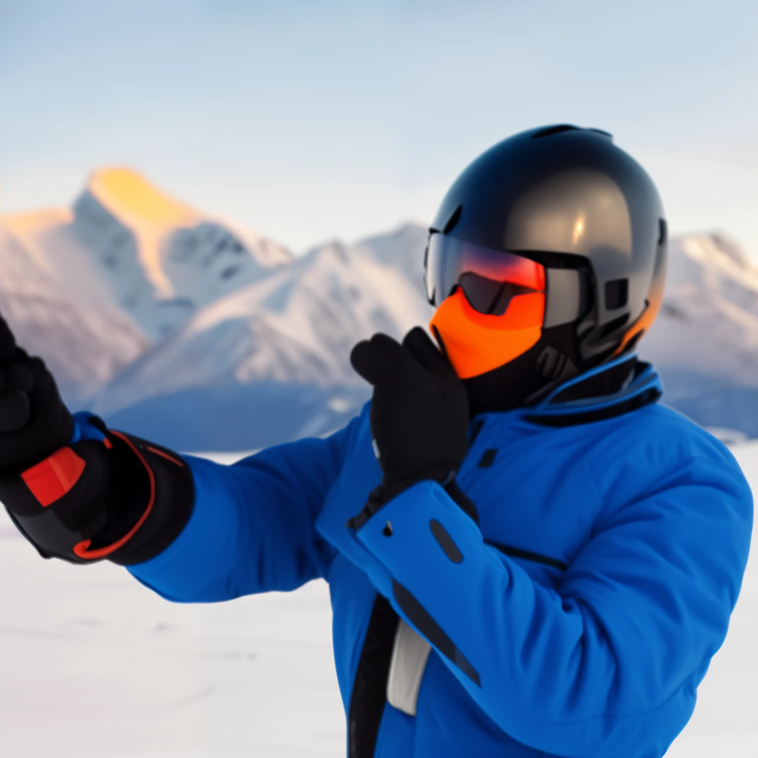 skier in blue jacket and black gloves holding up his skis, orange balaclava, advanced helmet, ski mask, tactical equipment, extreme cold, best selling, cold sunny weather, avatar image, male polar explore