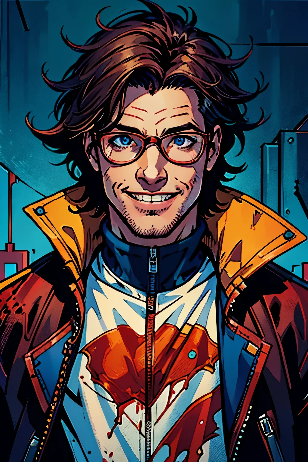 (best quality)), ((masterpiece)), (detailed), 1boy, blue eyewear, messy hair, jacket, dark hair, from below, jacket, mature male, crazy smile, blood on face, looking down, solo, DmCDante, wide view