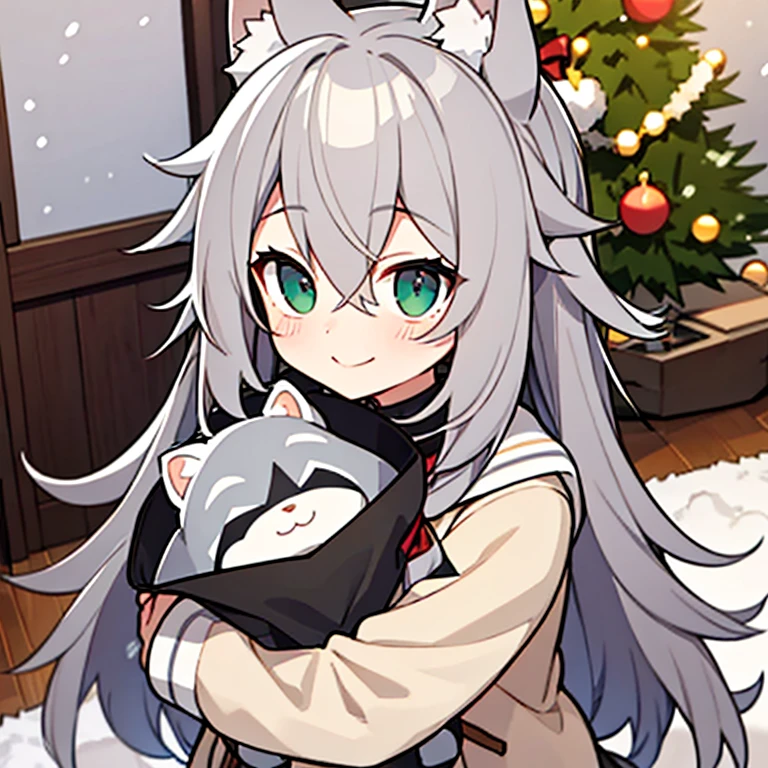 grey long hair,maplestory Late Riser Hair,gray raccoon ears,In front of the Christmas tree on a snowy day,closed gray coat,Beige school uniform skirt,green big eyes smiling girl,