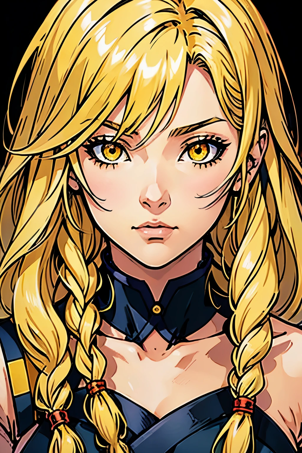 (best quality)), ((masterpiece)), (detailed), anime, Makima, ringed eyes, blond, braided ponytail, bangs, yellow eyes, sidelocks, medium hair, long hair, facing front,