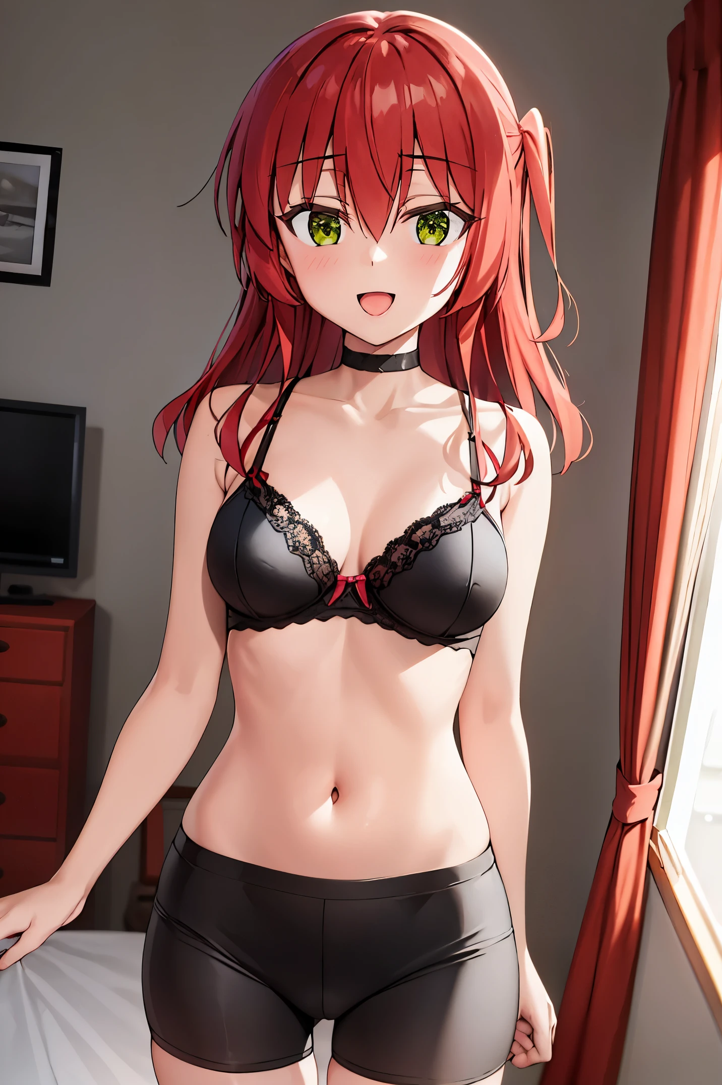 1 girl, best quality, ultra high res, long hair, red hair, green eyes, looking at viewers, small breast, standing, pov, slim body, body, small body, smile, open mouth, bra, white bra, bike shorts, bedroom, bed sheets, white bed sheets,