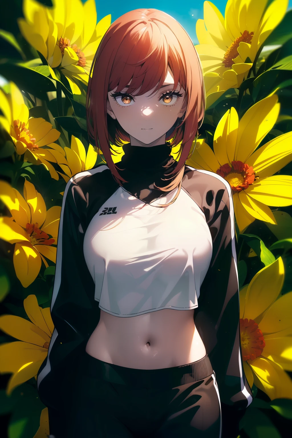 ((((Obra maestra, La mejor calidad, ultrahigh resolution)))), beautiful girl, standing, (((wearing a black tracksuit))), (short hair in view, in frame), pale skin, ((brown eyes)), (glowing_eyes, luminescent eyes), (ultra detailed eyes:0.7, beautiful and detailed face, detailed eyes:0.9), ((centered)), smile, ((wide shot)), facing viewer, (((vibrant background of outdoors, field of flowers, bright lighting, summer, sunlight))), flat chested, looking at viewer, ((perfect hands)), ((head:1, hips, elbows, arms, in view)), ((hands behind back)), beautiful lighting, defined subject, (18 years old), ((cool looking)), ((sunny glare))