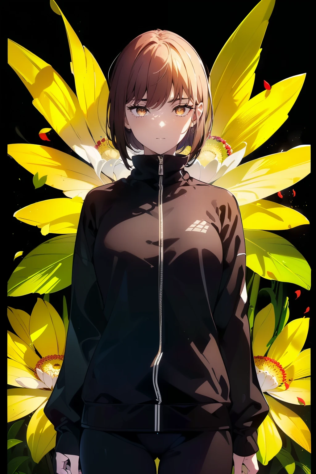 ((((Obra maestra, La mejor calidad, ultrahigh resolution)))), beautiful girl, standing, (((wearing a black tracksuit))), (short hair in view, in frame), pale skin, ((brown eyes)), (glowing_eyes, luminescent eyes), (ultra detailed eyes:0.7, beautiful and detailed face, detailed eyes:0.9), ((centered)), smile, ((wide shot)), facing viewer, (((vibrant background of outdoors, field of flowers, bright lighting, summer, sunlight))), flat chested, looking at viewer, ((perfect hands)), ((head:1, hips, elbows, arms, in view)), ((hands behind back)), beautiful lighting, defined subject, (18 years old), ((cool looking)), ((sunny glare))