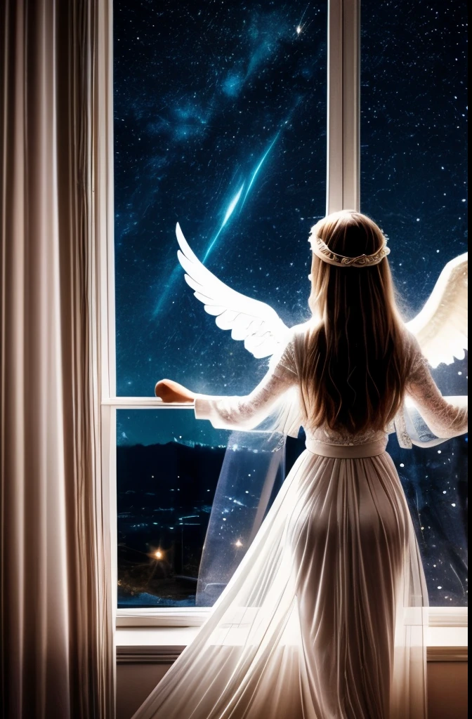 angels in your room, room, soft light, you see through the window the starry sky
