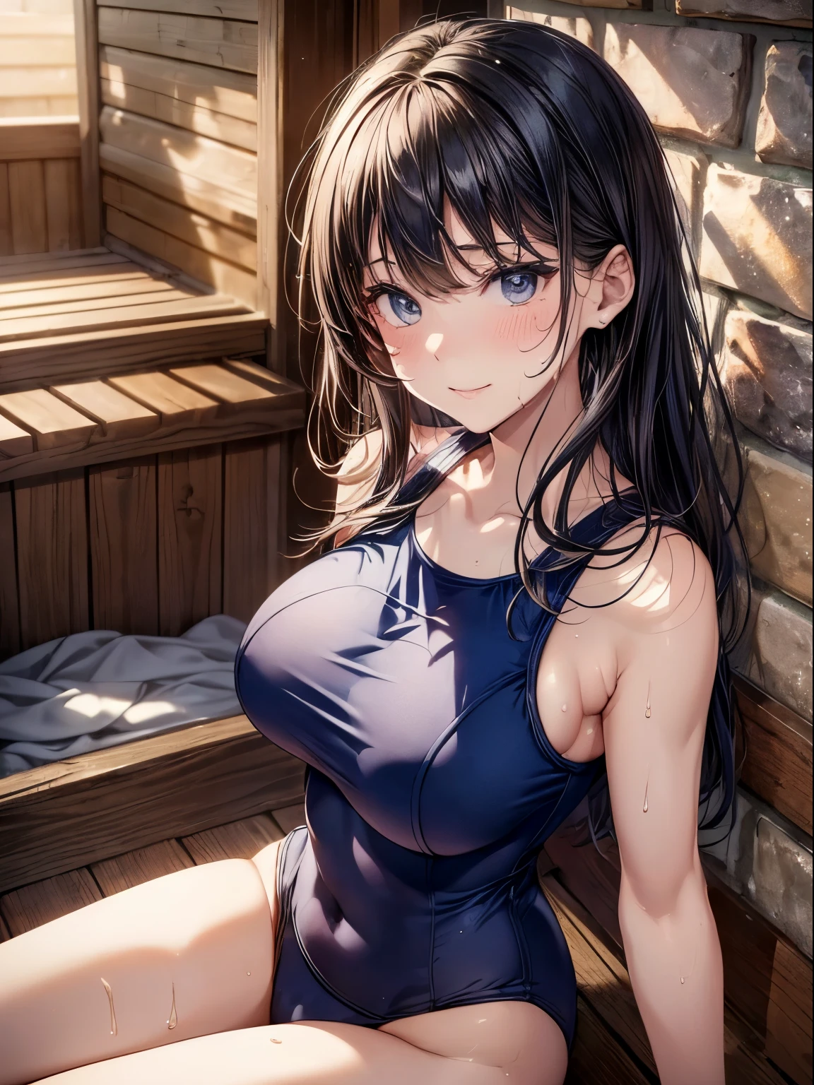 top-quality、Full limbs、complete fingers、Slender beauty、a 25yo woman、(Woman with dark hair)、Beautiful Large Breasts、(Navy blue sleeveless one-piece school swimsuit:1.5)、Hinoki sauna room、(((secret room with no window)))、Sauna stove、A woman sitting on a cypress bench、Wet texture、((A woman sweating profusely:1.5))、A big smile